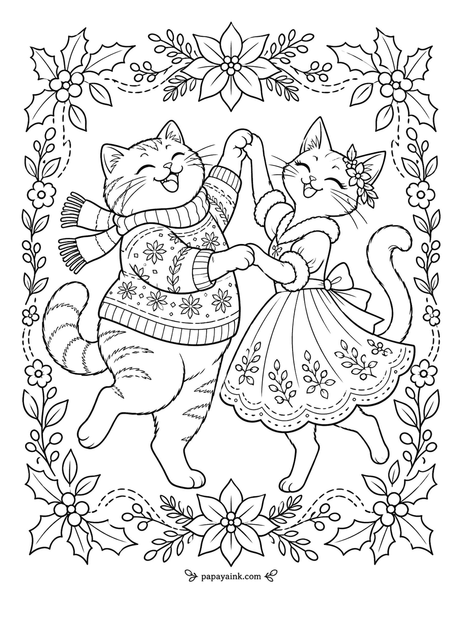 Christmas Cat Coloring Pages - Two cats hold paws and spin within a border of holly, poinsettia and berries, in a sweater and a skirt made for the occasion. Folk embroidery is the style here, with dotted stitch lines everywhere. The border alone is a full afternoon.