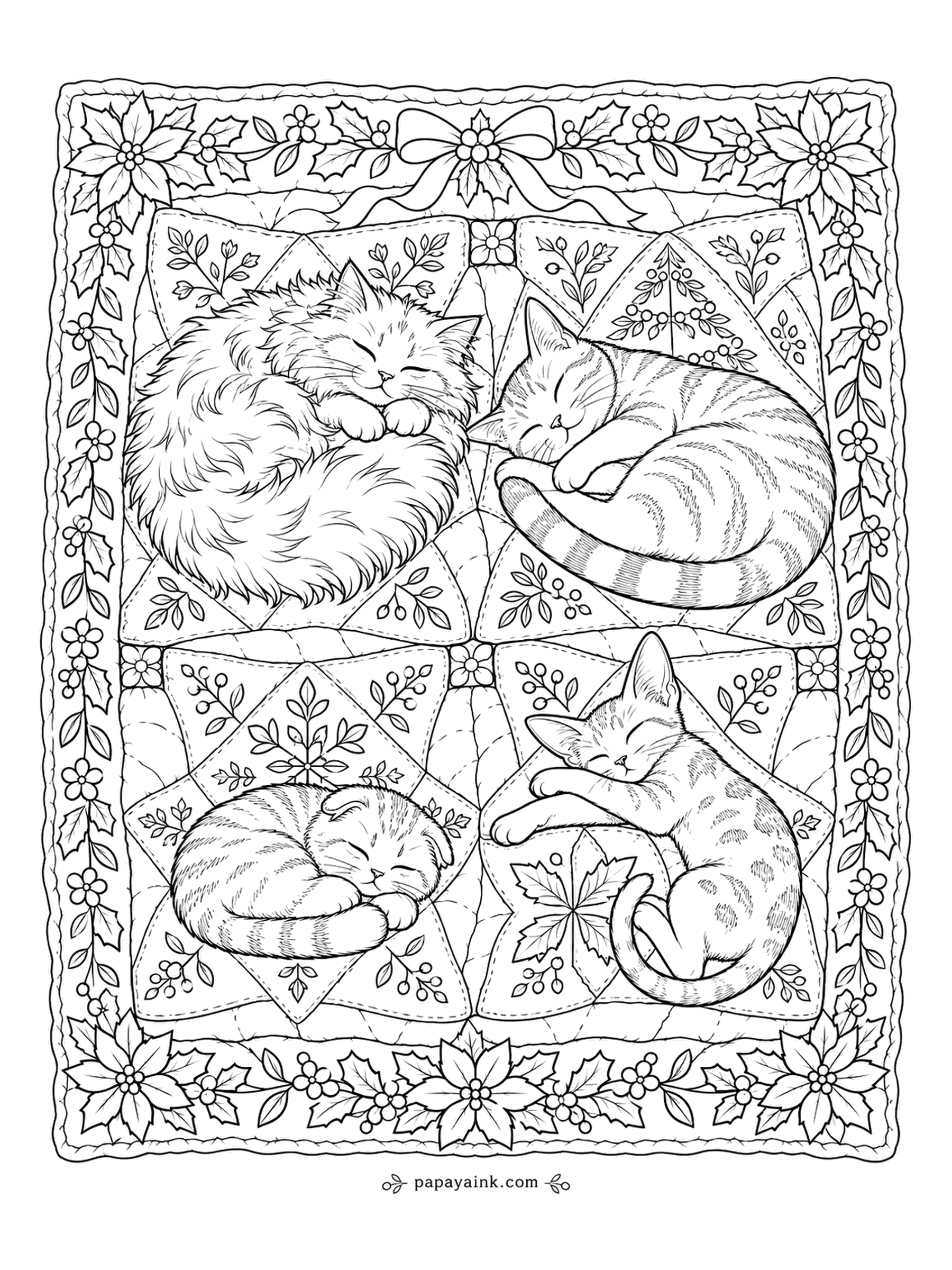 Christmas Cat Coloring Pages - Each patch of the quilt has one sleeping cat in it, like a chart of cats, and the border is holly and bows. A patchwork page: pick a palette of five colors and rotate them across the squares.
