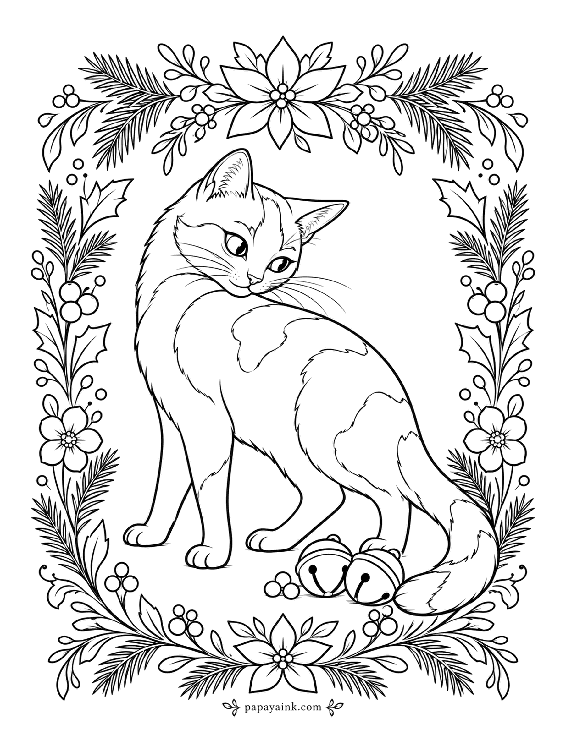 Christmas Cat Coloring Pages - Somebody tied sleigh bells to the calico's tail, and she has turned around to find out who. The floral border is embroidery-style, every leaf outlined for easy filling. The bells want gold; the rest can stay soft.