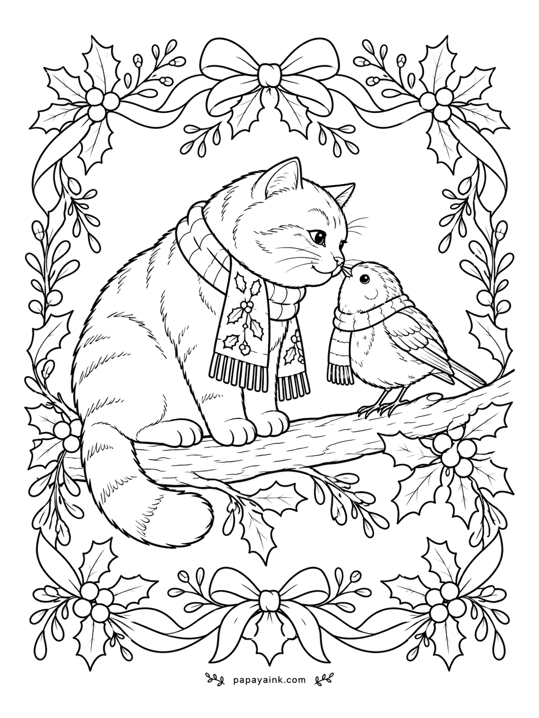 Christmas Cat Coloring Pages - Cat and robin, nose to beak, both in matching scarves on the same branch. Neither looks worried, which suggests the scarves were a treaty. Folk-art frame of leaves and ribbon - flat, bright fills suit it.