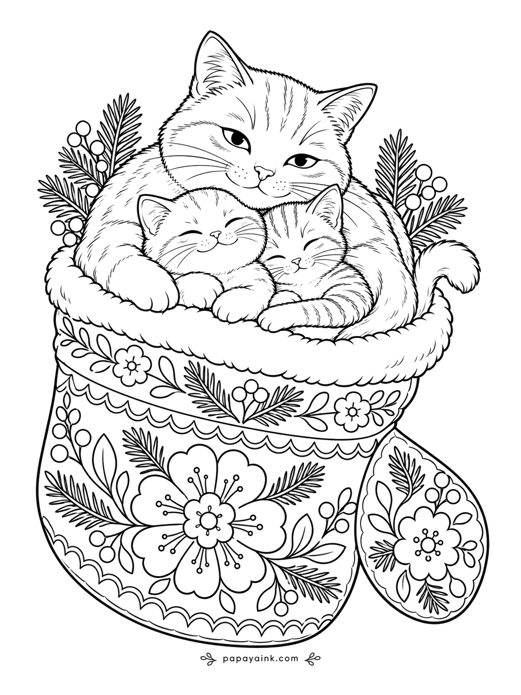 Christmas Cat Coloring Pages - Mother cat and two kittens fill a mitten covered in folk flowers, with fir sprigs tucked behind them. The thumb of the mitten holds a flower of its own. Use a warm palette for the knit and leave the cats light.