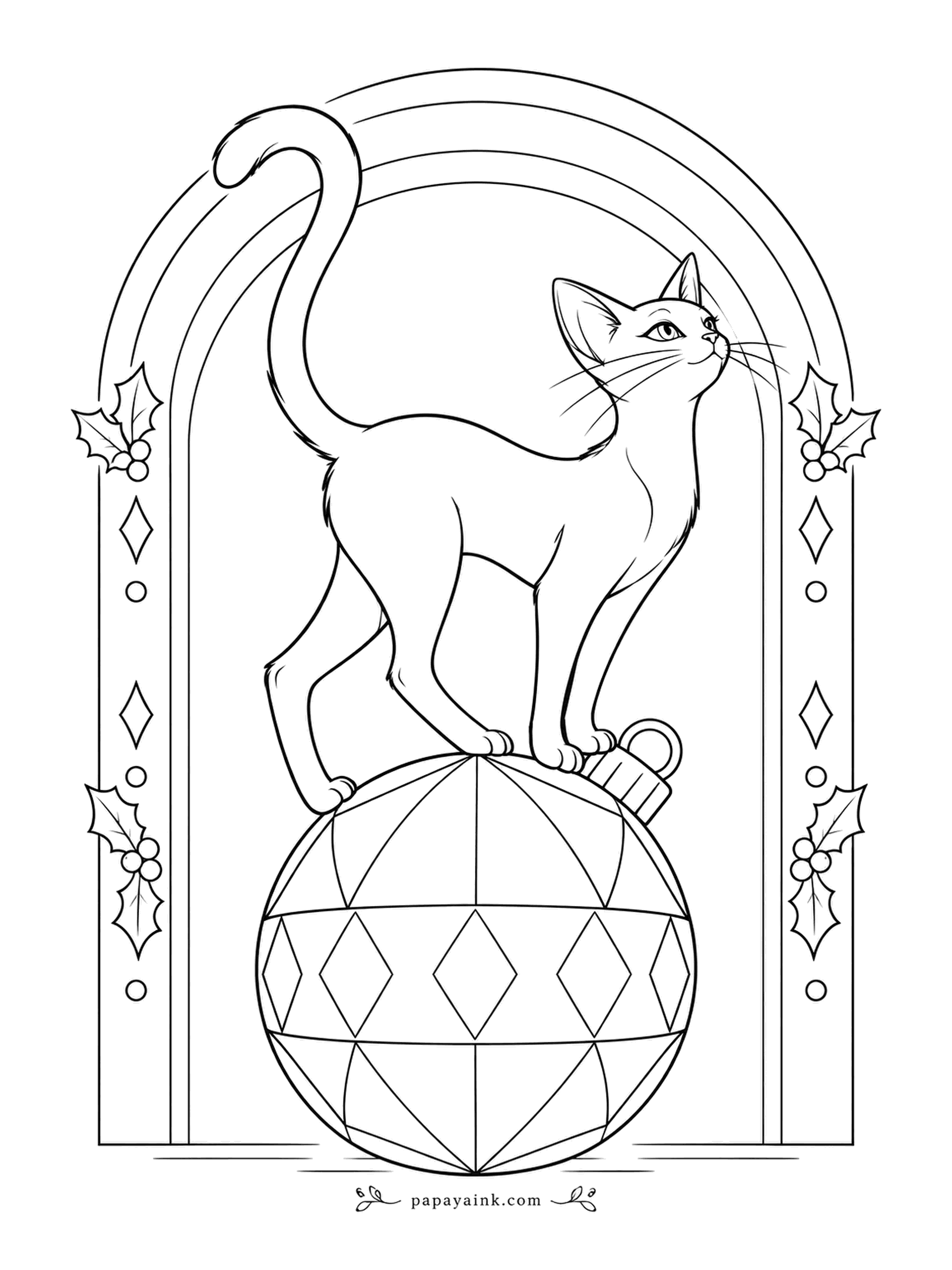 Christmas Cat Coloring Pages - An Oriental Shorthair balances on a faceted bauble under a decorated arch, tail raised like a question mark, looking very much as if this was planned. The flat diamond facets take solid blocks of one tone each - no shading needed.