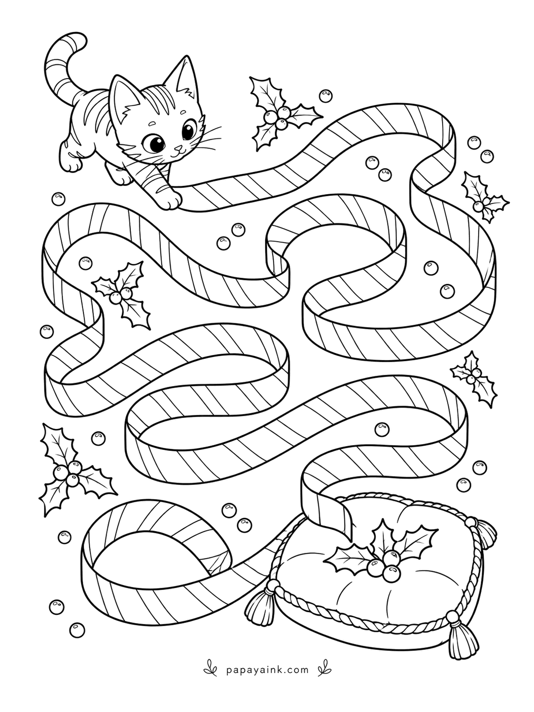 Christmas Cat Coloring Pages - A candy-cane ribbon winds from the kitten at the top to the cushion at the bottom, with berries scattered along the way. Trace the path with a finger first, then follow it in pen. Red stripes are the obvious choice.