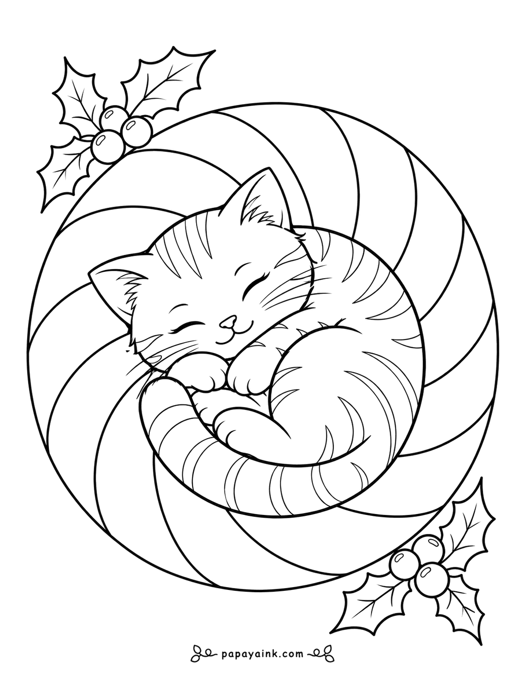 Christmas Cat Coloring Pages - Curled in the exact center of a peppermint swirl, the striped kitten is asleep and probably dreaming of being a candy. Each band of the spiral is one clean shape. Easy page - large areas, few lines.
