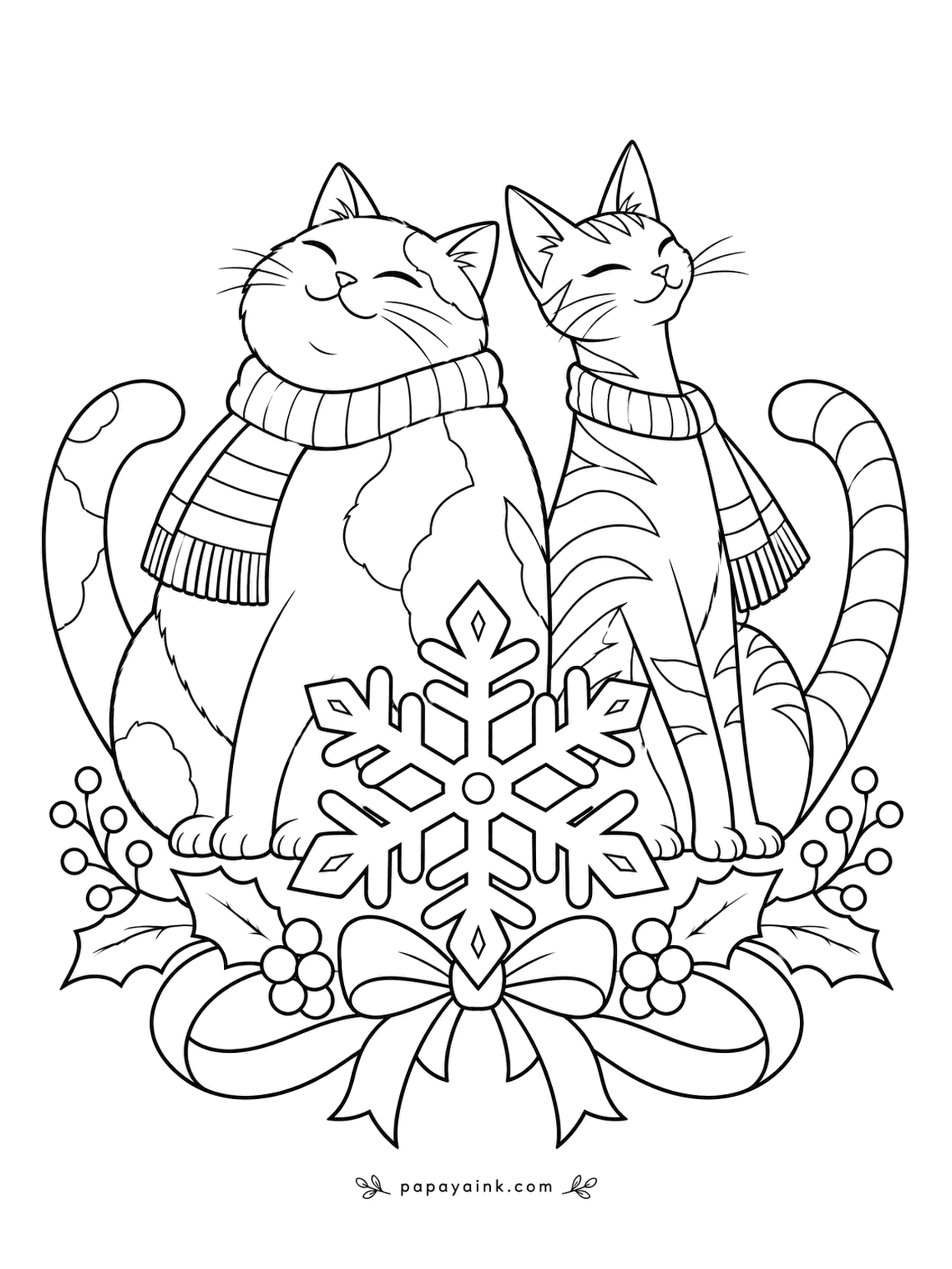 Christmas Cat Coloring Pages - Both cats wear striped scarves and both have their eyes closed, which is as close to a formal portrait as cats allow. A large snowflake and a bow finish the frame. Try metallic silver on the snowflake.