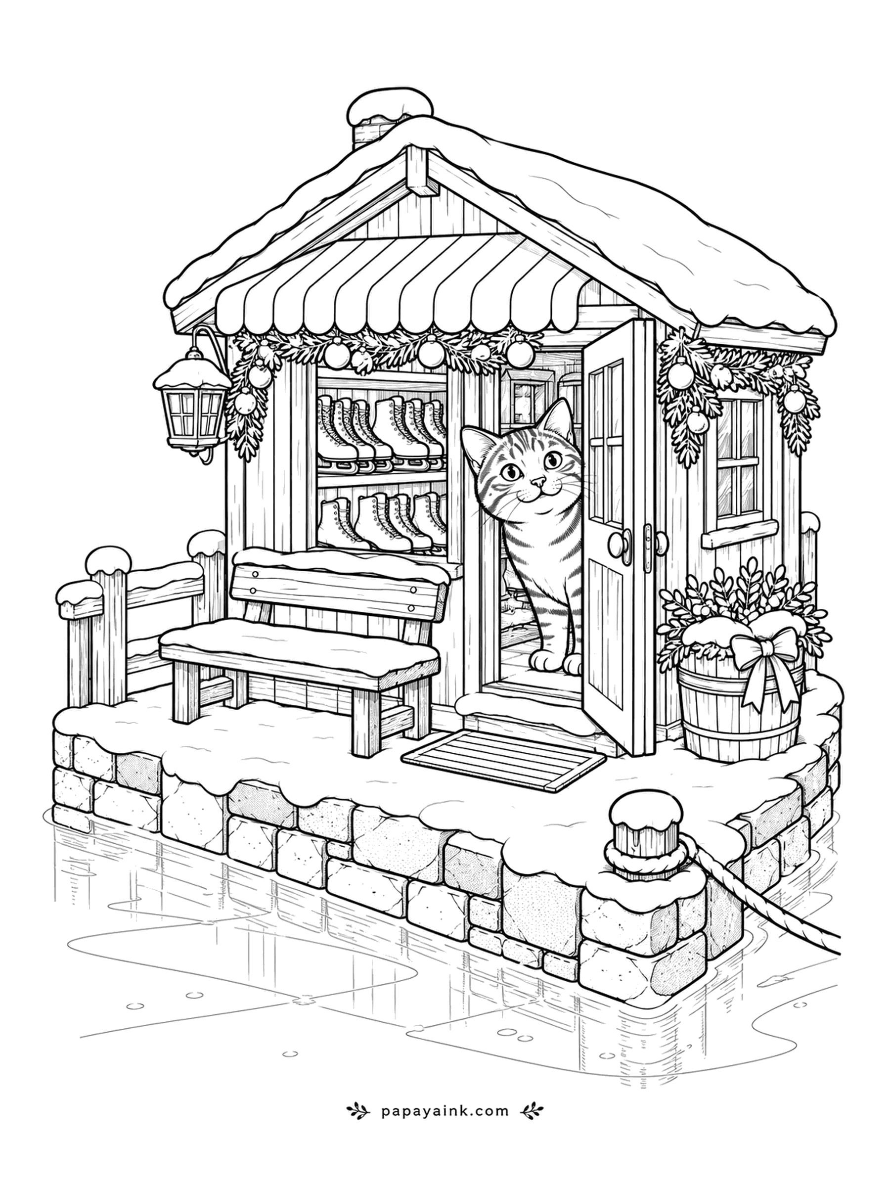 Christmas Cat Coloring Pages - The skate-rental hut on the frozen canal has a lantern, a garland, shelves of skates in pairs, and a tabby in the doorway who seems to be running the place. Detailed - the bench, the stone platform and the ice reflections all reward patience.