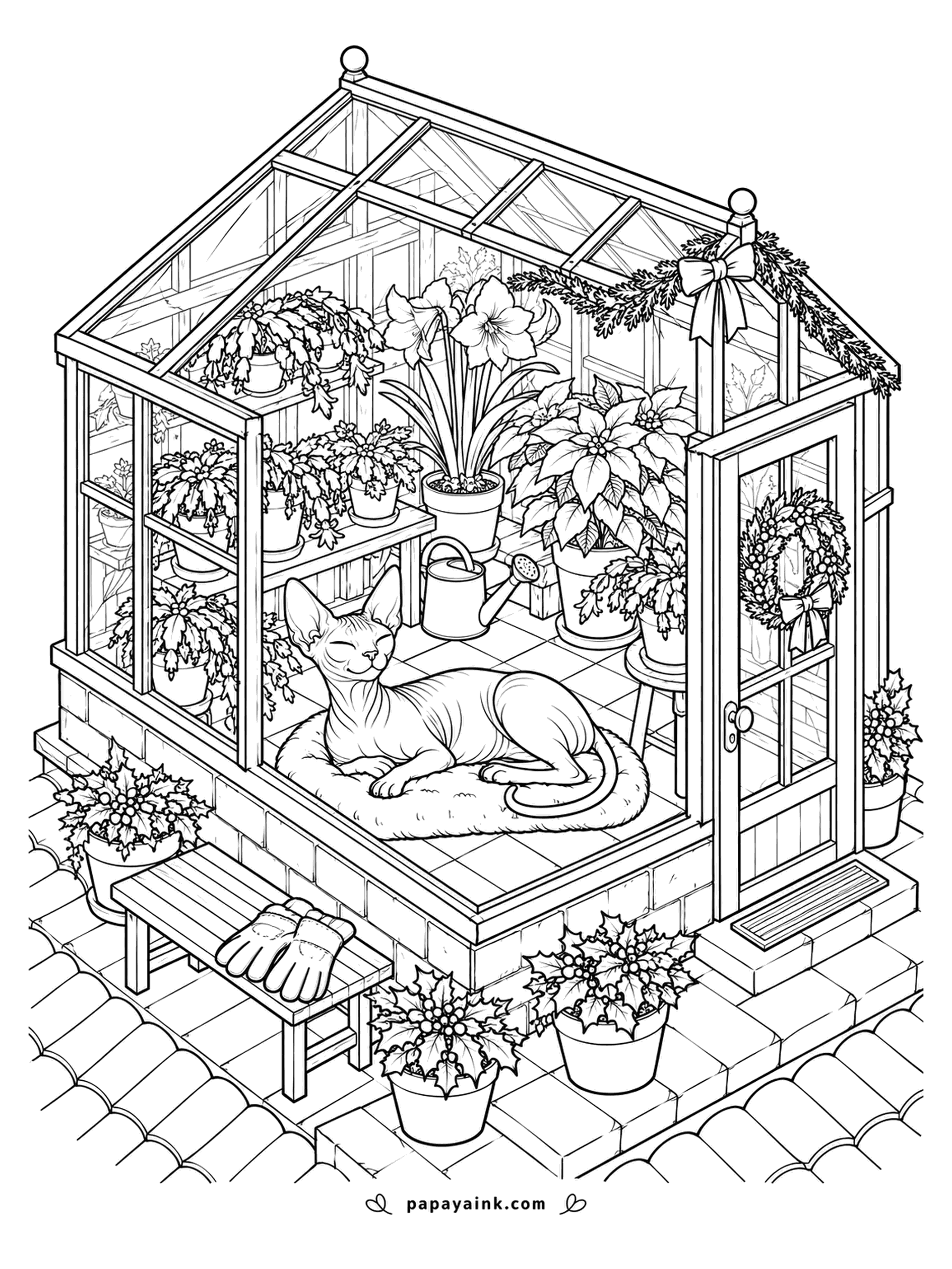 Christmas Cat Coloring Pages - Up on the roof, a hairless Sphynx has claimed the warmest cushion in the greenhouse, surrounded by poinsettias, amaryllis and a Christmas cactus. Mittens wait on the bench outside. Detailed - glass panes, tiles and a wreath on the door.