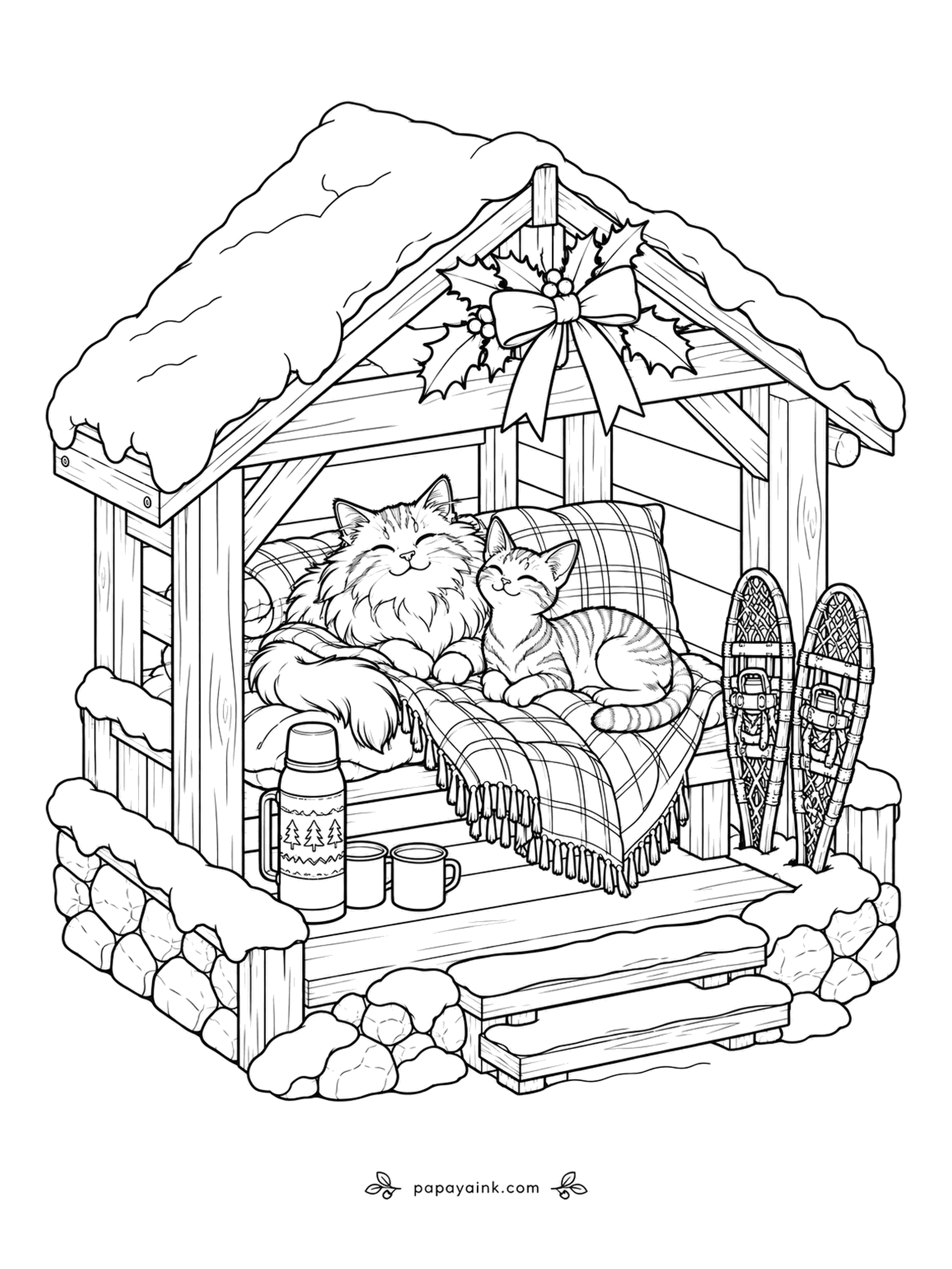 Christmas Cat Coloring Pages - A mountain shelter with snow on the roof, a thermos and mugs on the step, snowshoes by the wall, and two cats on the plaid blanket who have no intention of being rescued. Warm reds for the plaid against a white roof.