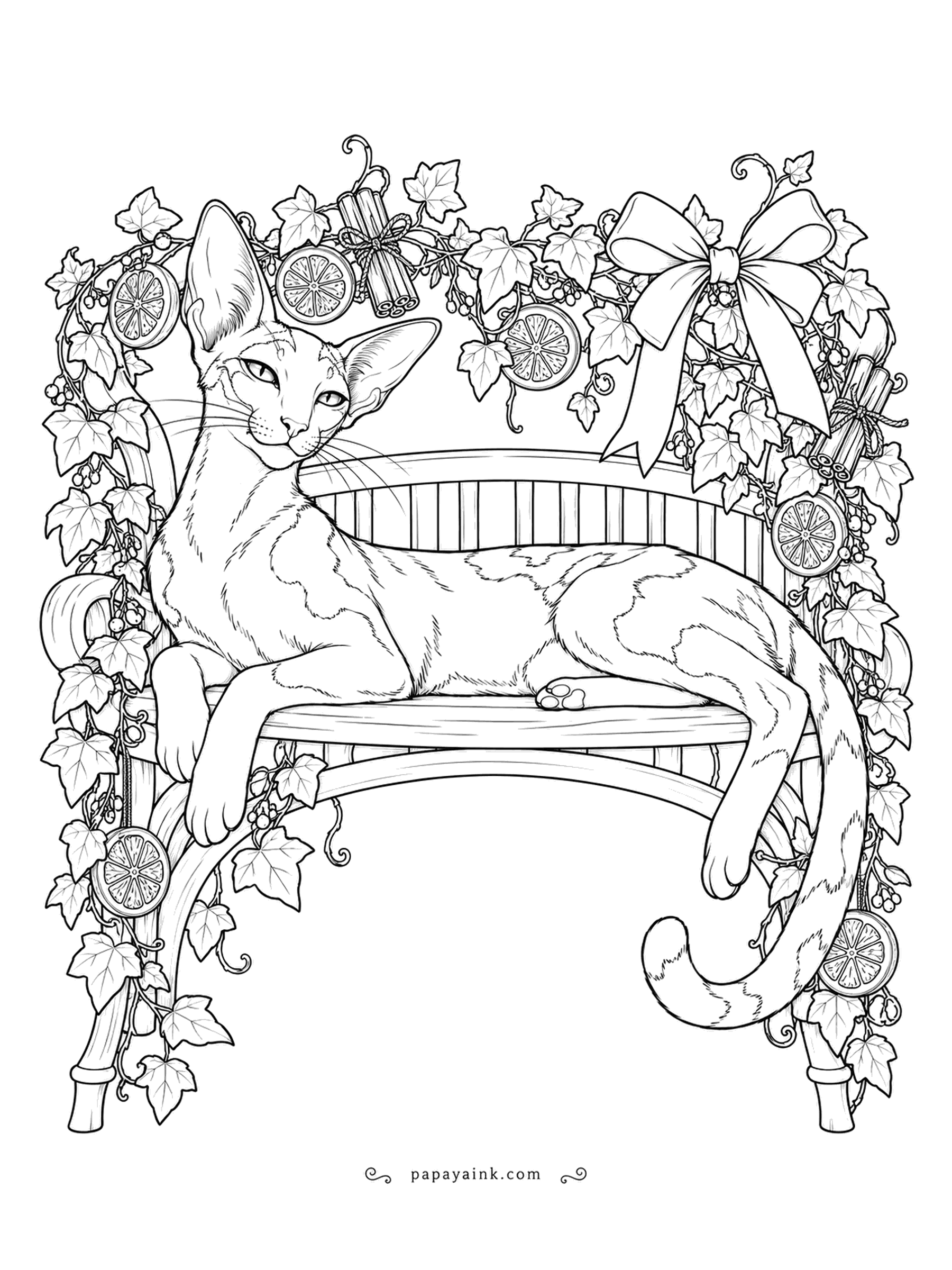 Christmas Cat Coloring Pages - Dried orange slices and cinnamon bundles hang in the ivy over the bench, and the slender cat stretched along the seat has decided the bench is now hers. Pale orange for the slices, deep green for the ivy, and leave the cat cream.