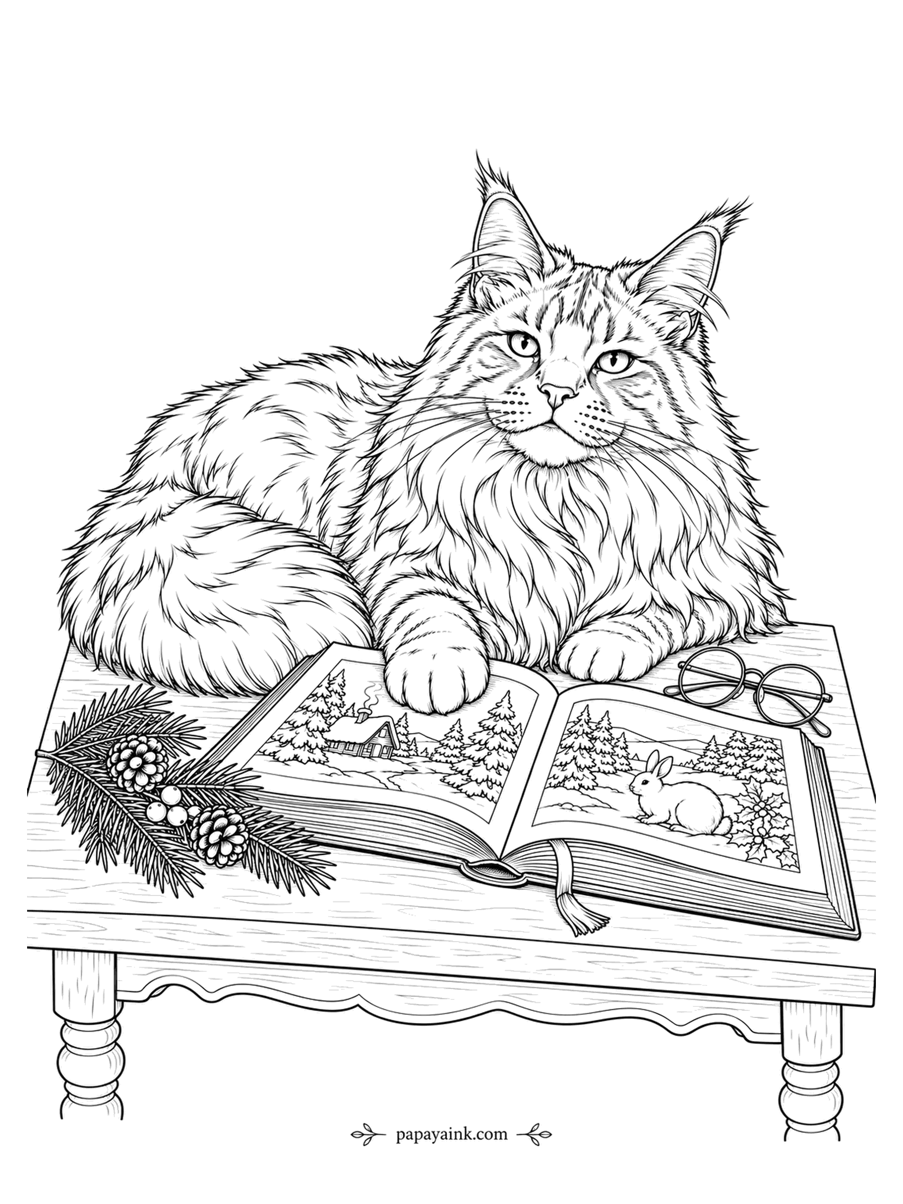 Christmas Cat Coloring Pages - The Maine Coon has settled on top of the open picture book, which is how a cat says it is her turn to read. Reading glasses and a fir sprig wait on the table. Long fur in a dozen tones - a slow, pleasant page.