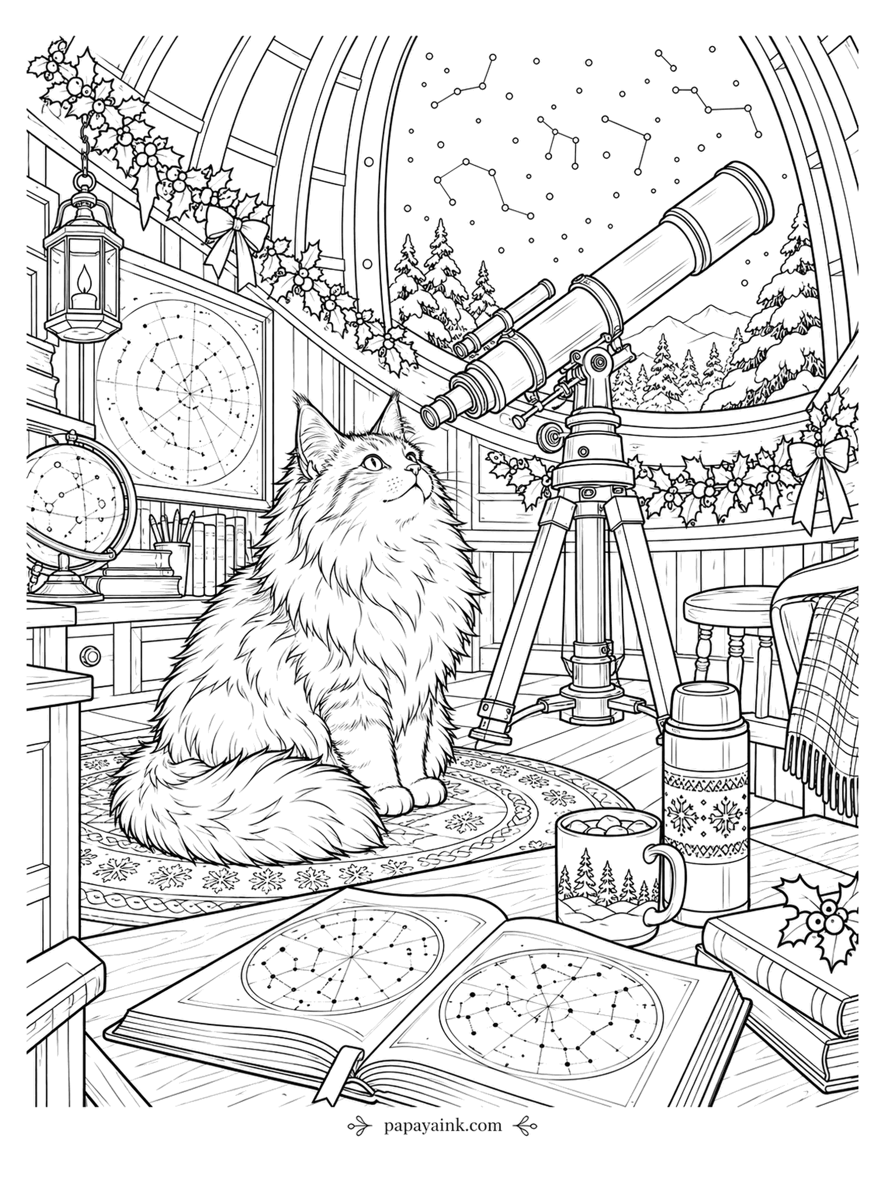 Christmas Cat Coloring Pages - Star charts on the wall, a telescope aimed through the dome, and a long-haired cat sitting on the rug waiting for her turn at the eyepiece. A thermos and cocoa are within reach. Detailed - constellations, garlands and an open atlas.