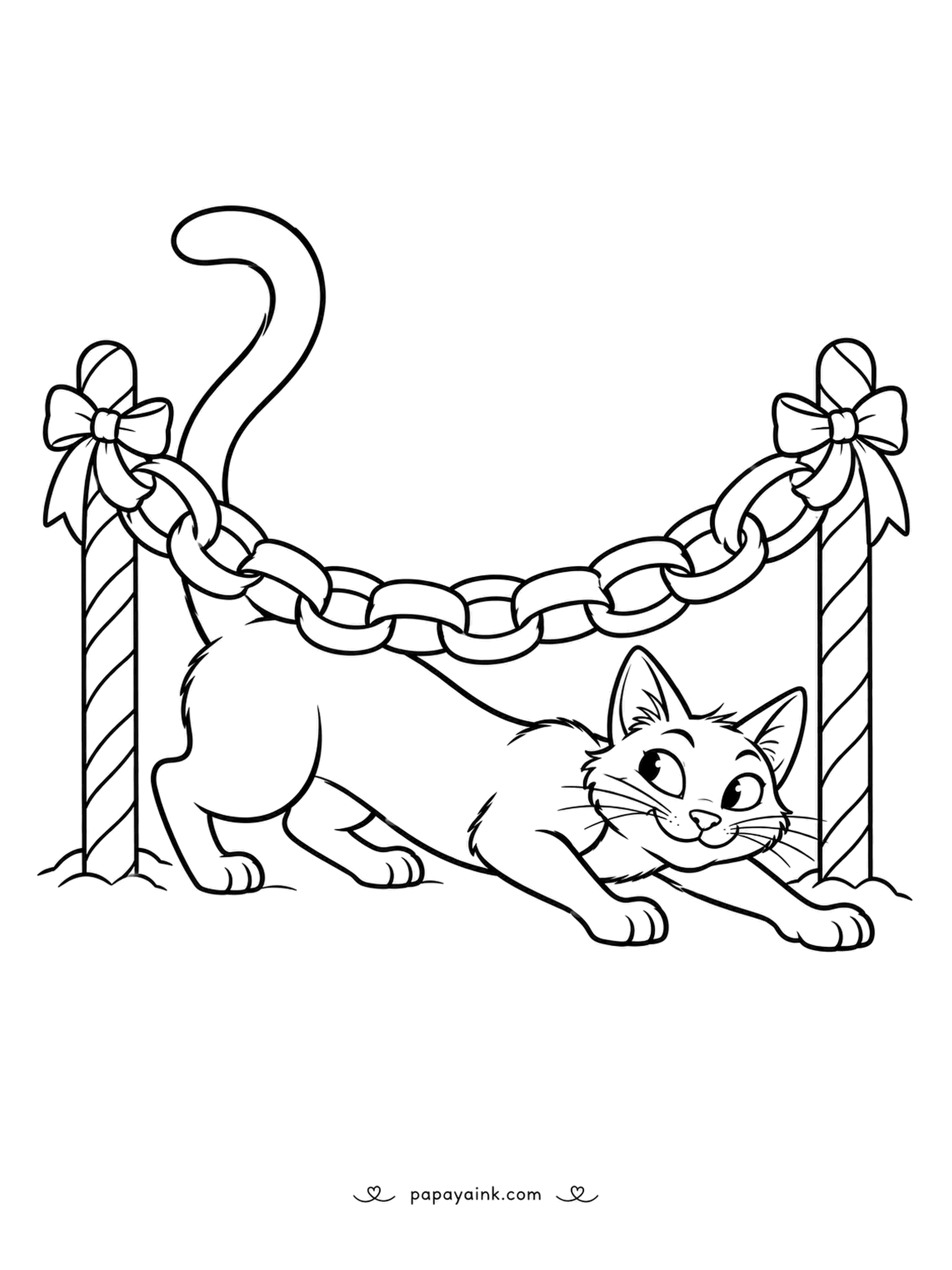Christmas Cat Coloring Pages - How low can a cat go? Under a paper chain strung between candy-striped posts, apparently, and with a grin. Each link of the chain is a separate shape - alternate a pair of colors down the line.