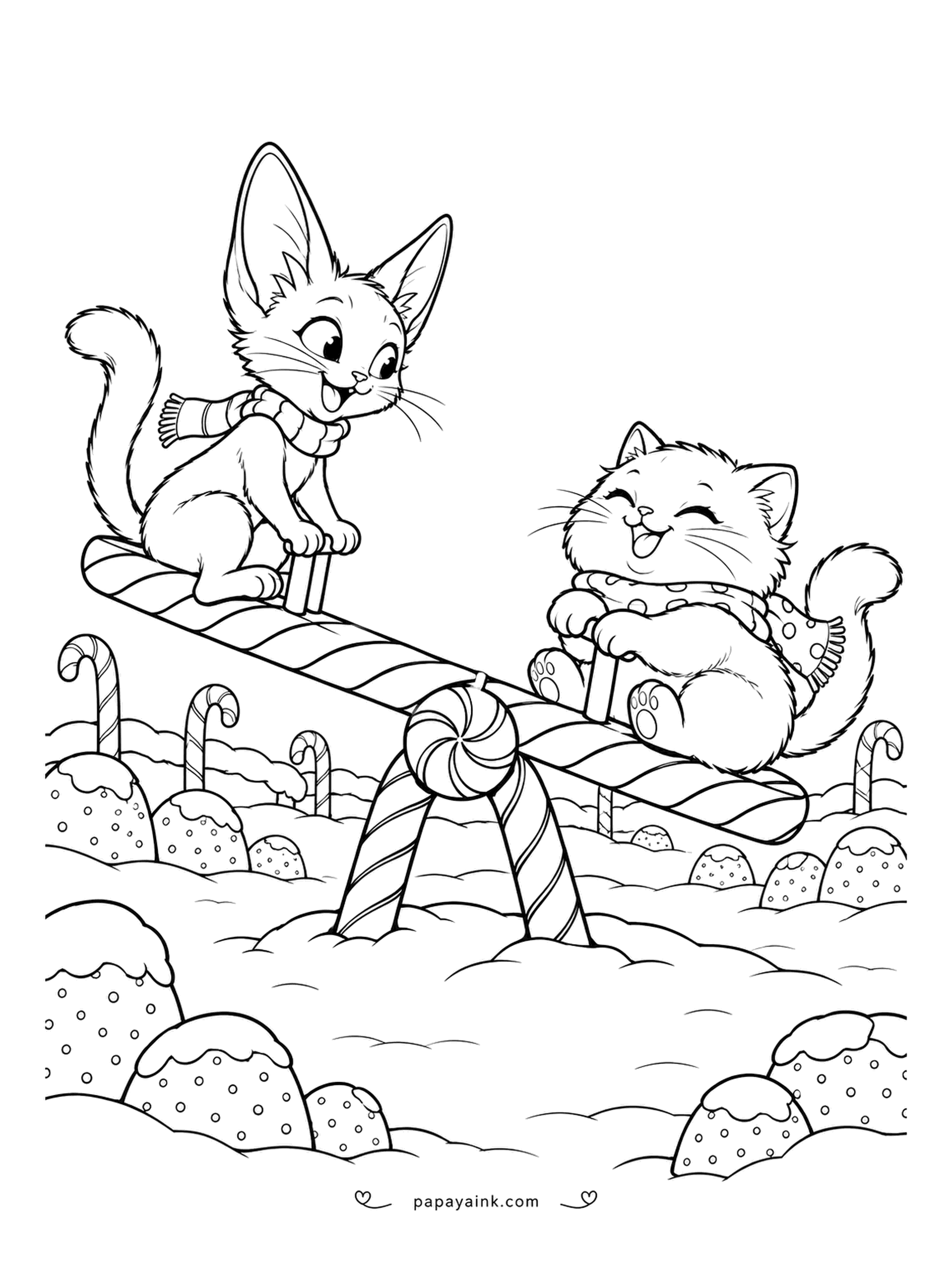 Christmas Cat Coloring Pages - A seesaw made of a giant candy cane, one kitten up and one down, in a field of frosted gumdrops. The big-eared kitten at the top is clearly winning. Red and white for the cane, pastels for the drops.