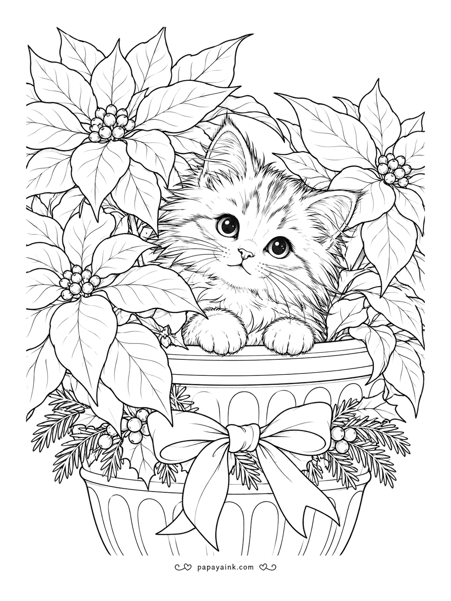 Christmas Cat Coloring Pages - Only the face and two paws show above the pot, and the fluffy kitten is doing her best impression of a poinsettia. The bow around the planter is her only concession. Red leaves, cream fur, dark eyes - a clear plan.