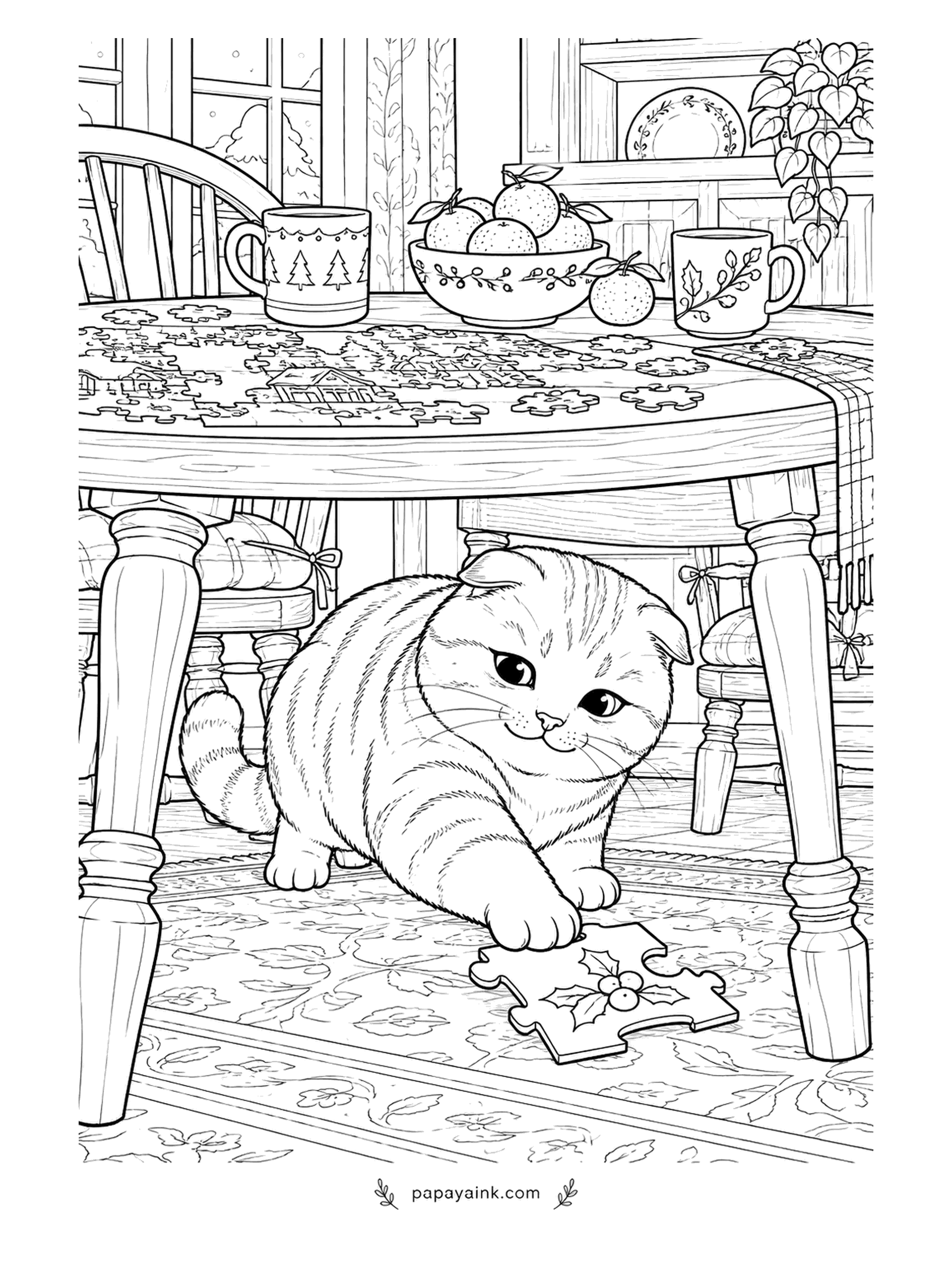Christmas Cat Coloring Pages - The jigsaw is on the table, almost finished, and the Scottish Fold underneath has the last piece under her paw. She will trade it for attention. Detailed - a rug, chairs and a bowl of oranges in the background.