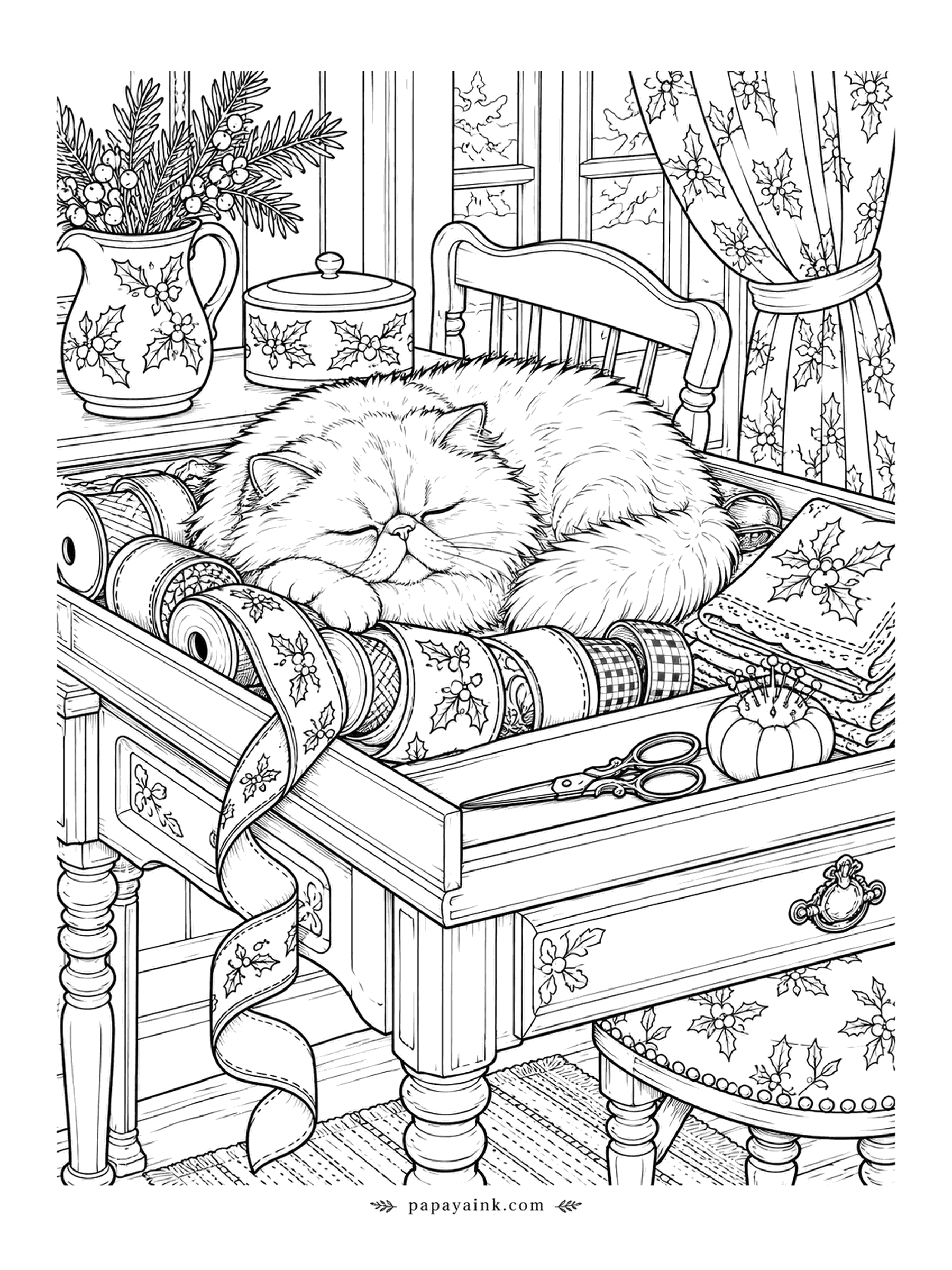 Christmas Cat Coloring Pages - The Persian has gone to sleep across the ribbon spools on the tailor's table, which means wrapping is postponed. Scissors, a pincushion and patterned curtains fill the rest of the room. Detailed - give every ribbon its own pattern.