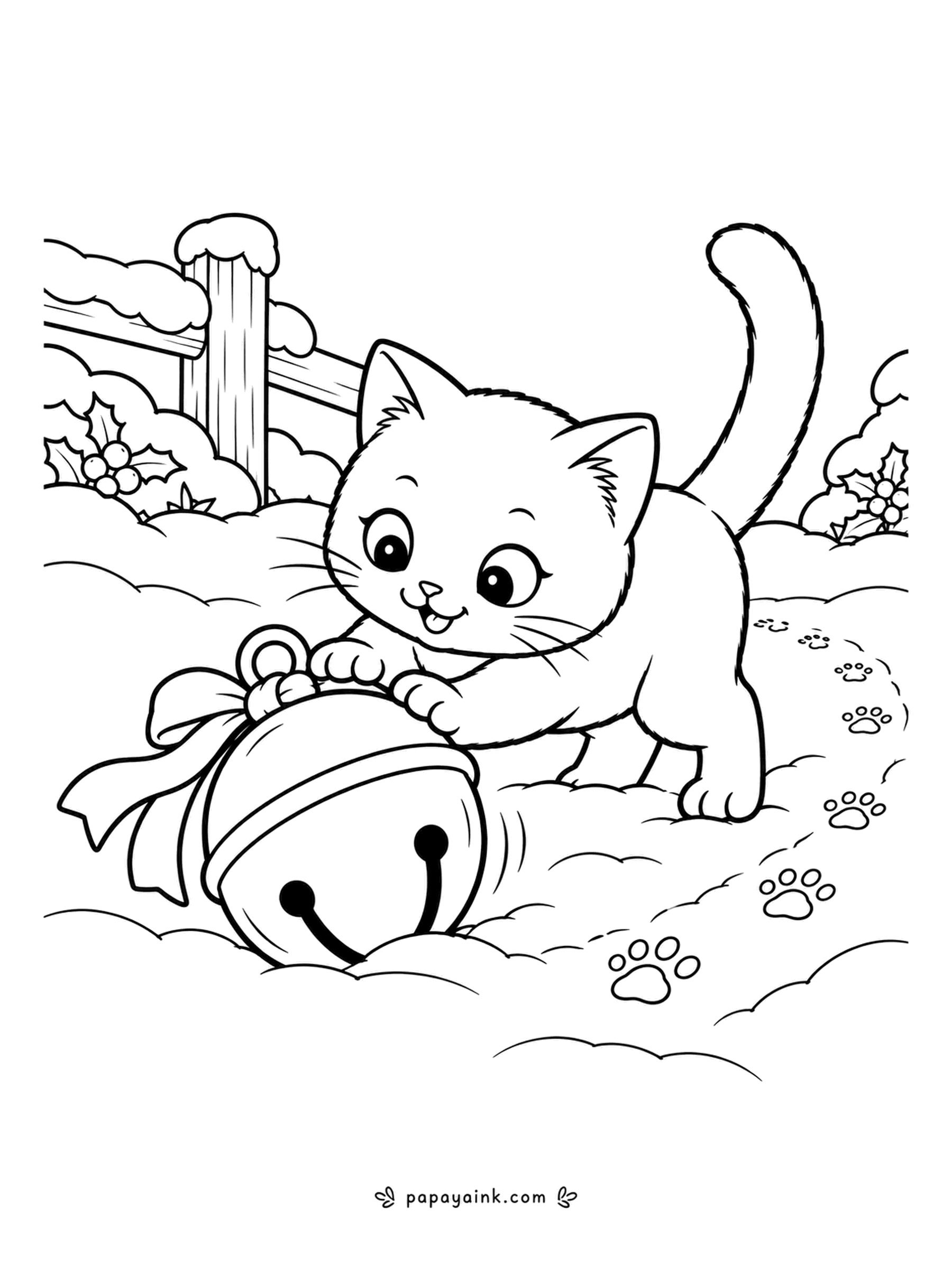 Christmas Cat Coloring Pages - Bigger than her head, the jingle bell still rolls, and the kitten pushes it across the snow, leaving paw prints along the fence. The bow on top is losing the battle. Easy page - broad shapes and plenty of white.