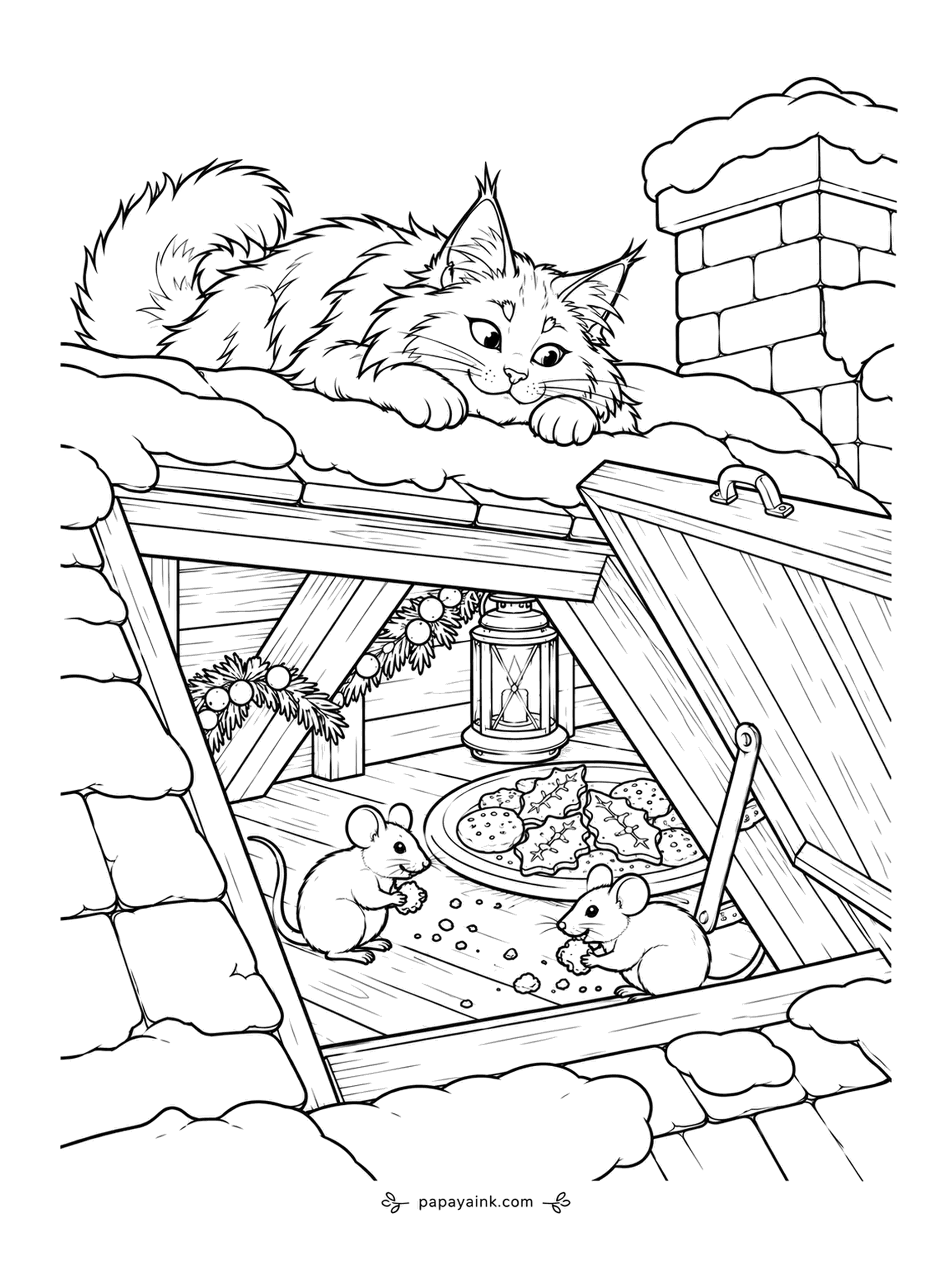 Christmas Cat Coloring Pages - From the snowy roof the long-haired cat peers down through the skylight at two mice sharing a plate of cookies by lantern light. The mice have noticed. Decide who gets the cookies before you start coloring.