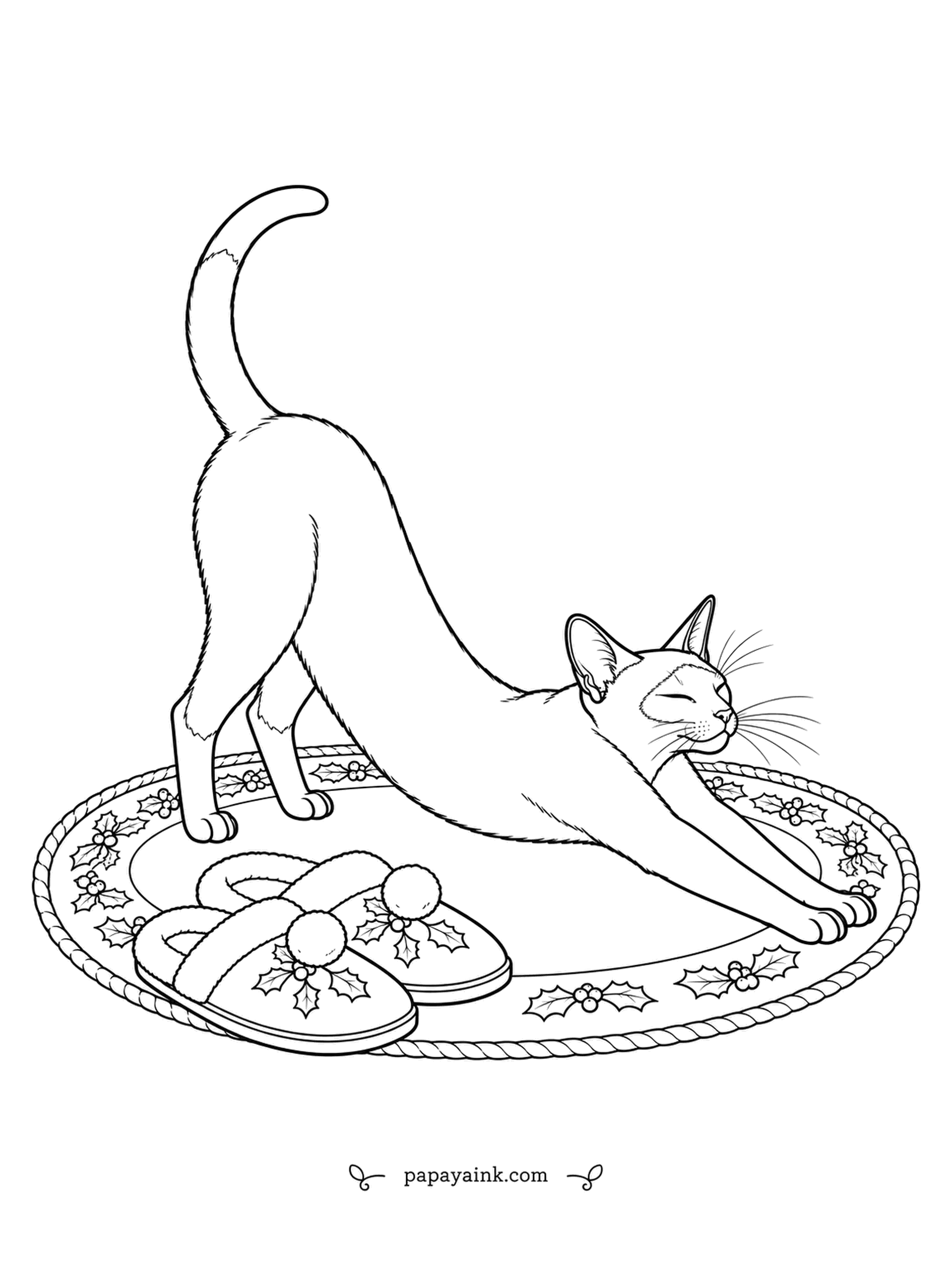 Christmas Cat Coloring Pages - Hips up, chin down, the Siamese performs her morning stretch on a braided rug. The pom-pom slippers were in the way and are now part of the exercise. Dark points on ears, face, paws and tail are what make a Siamese.