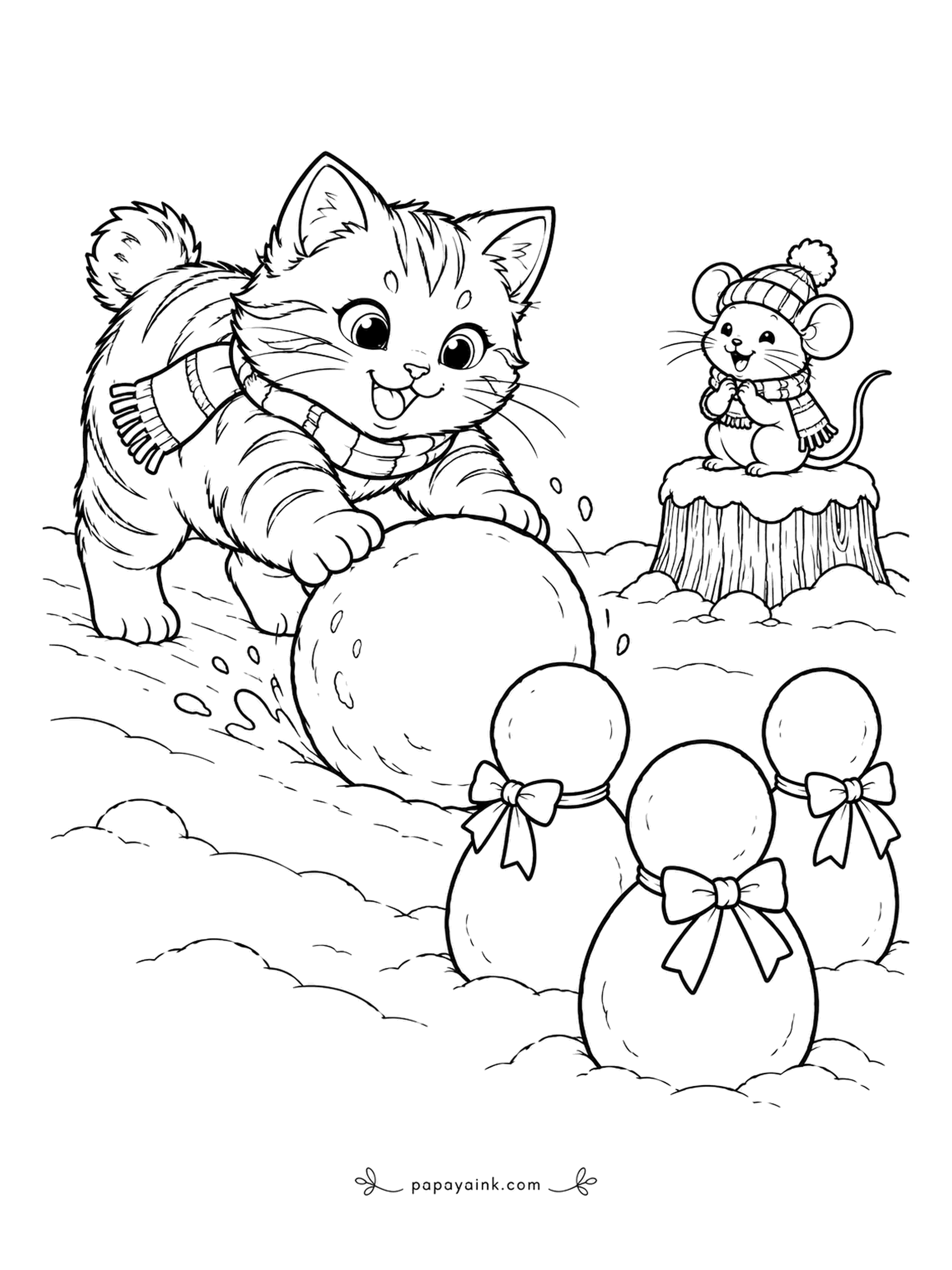 Christmas Cat Coloring Pages - Four snow pins with bows, one snowball, and a tabby kitten who has clearly never missed. The mouse in the knitted hat is keeping score from the stump. Pale blue on the pins lifts them off the snow.