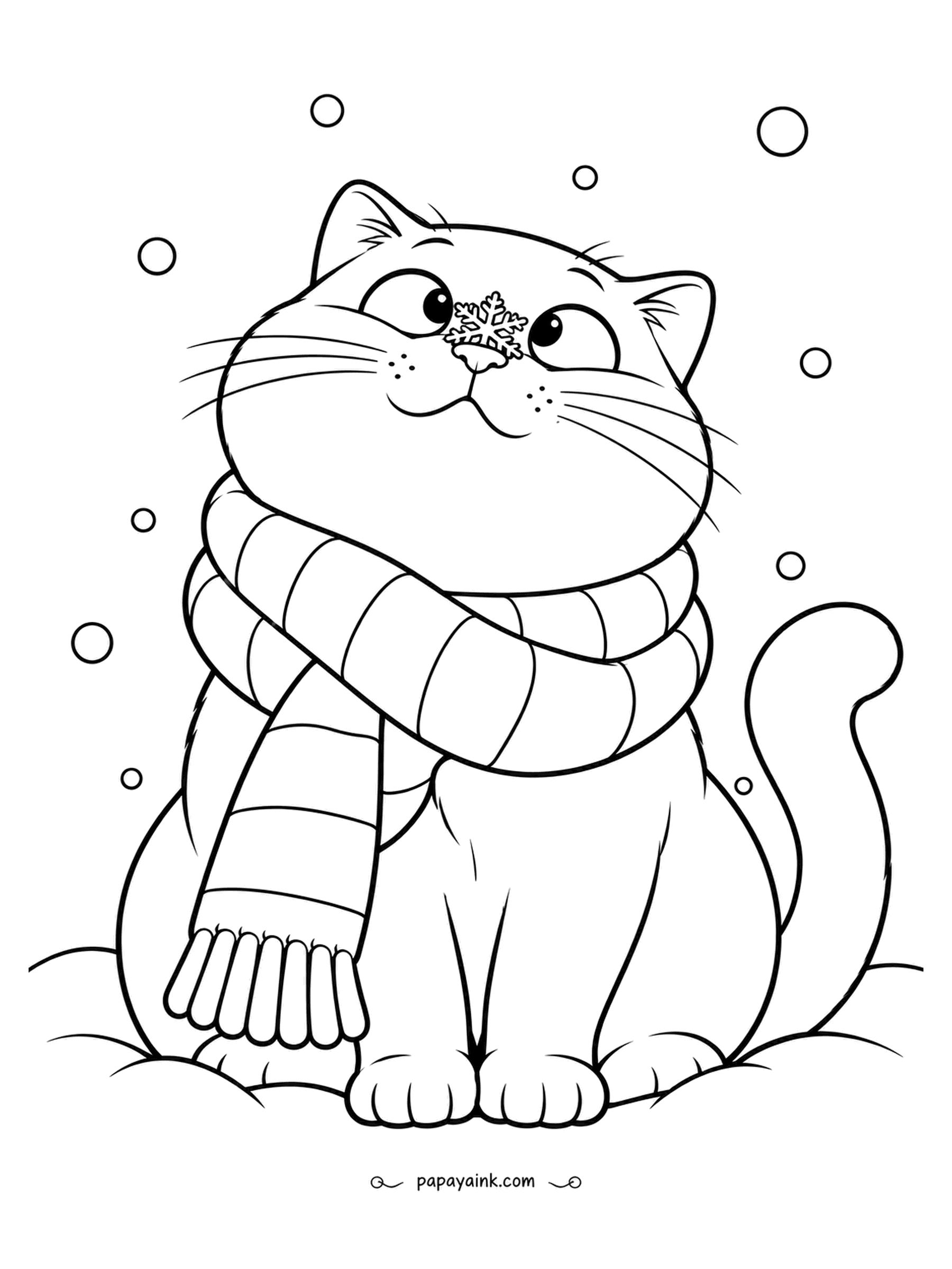 Christmas Cat Coloring Pages - A single snowflake has landed on his nose, and the fat cat in the scarf has gone cross-eyed trying to look at it. Thick outlines and almost no interior lines - the easiest page in this set and a good one for crayons.