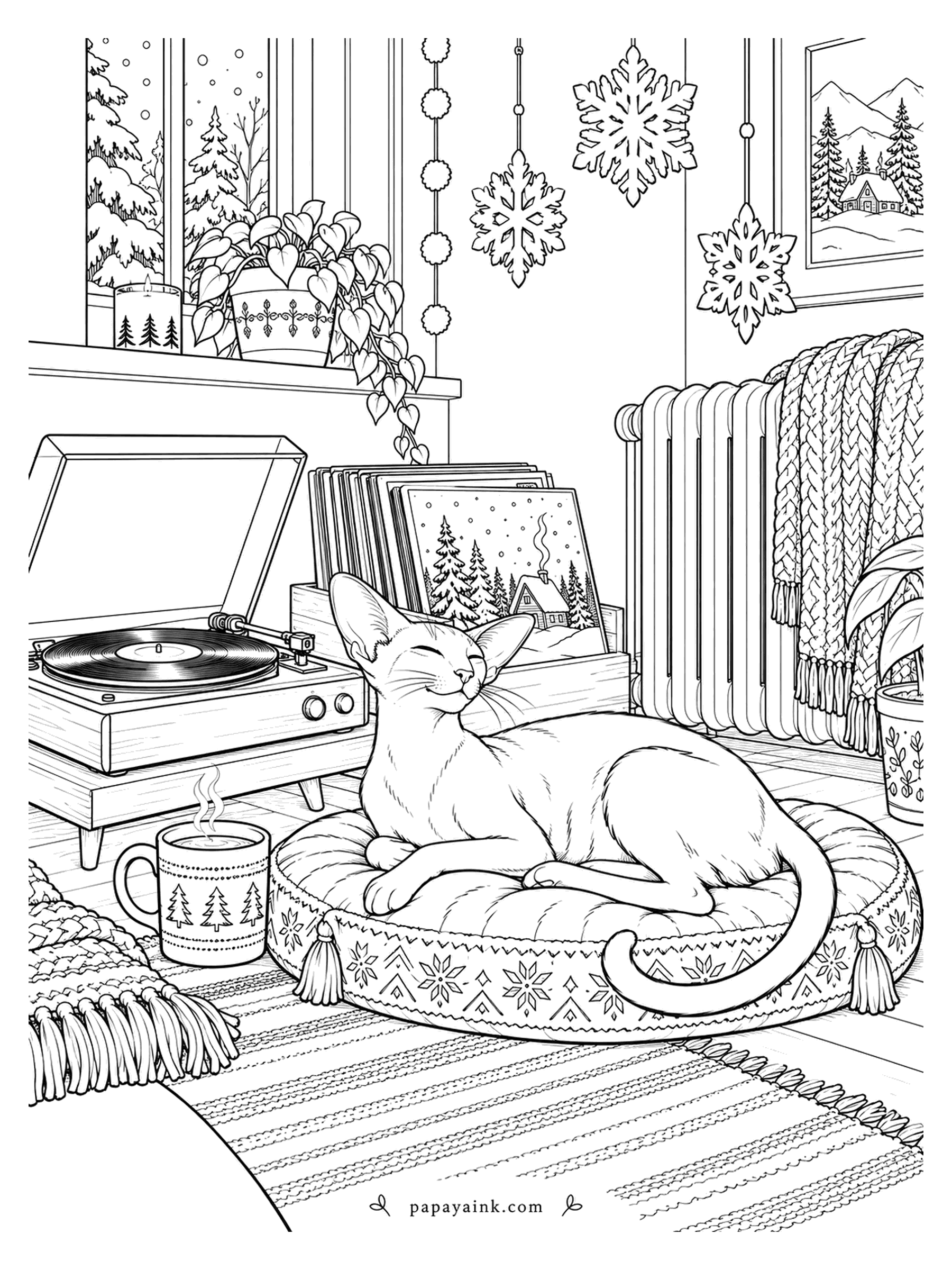 Christmas Cat Coloring Pages - Record on, mug steaming, and the cat on the cushion has closed her eyes for the good part of the song. Paper snowflakes hang in the window above the plants. Plenty to do - radiator, rug and a stack of sleeves.