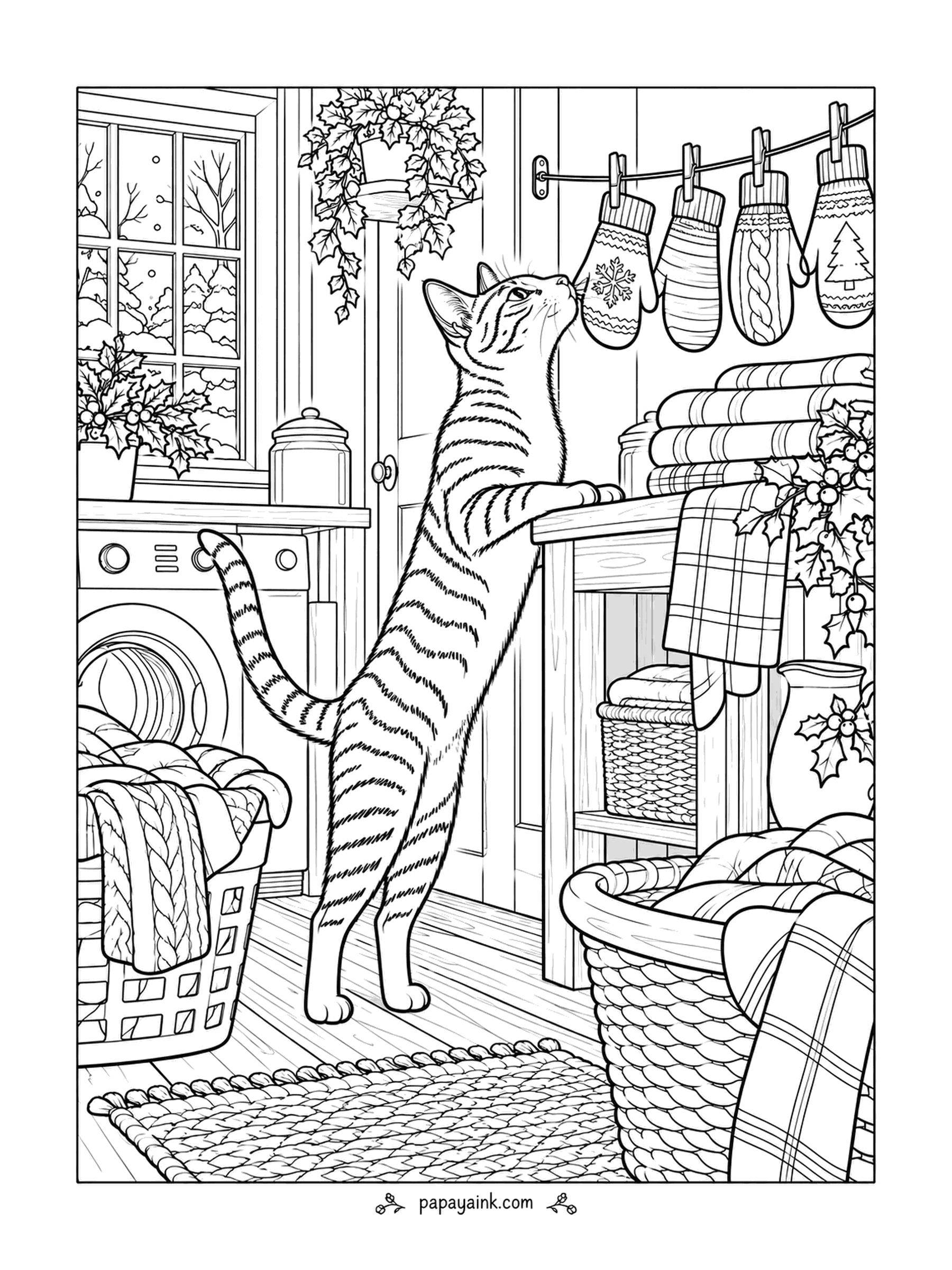 Christmas Cat Coloring Pages - Four mittens drying on the line, and the tabby stands up to smell each one before deciding they are acceptable. Laundry baskets, plaid blankets and a machine mid-cycle fill the room. Detailed - lots of fabric patterns to invent.