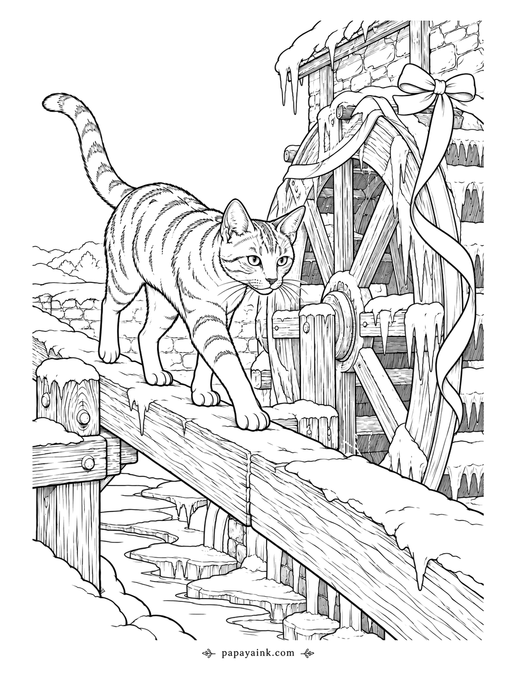 Christmas Cat Coloring Pages - Icicles hang from the mill wheel and the stream below has frozen solid, so the cat takes the beam across instead. The bow on the wheel is the mill's one decoration. Engraving-style lines - a fine-tipped pencil helps here.
