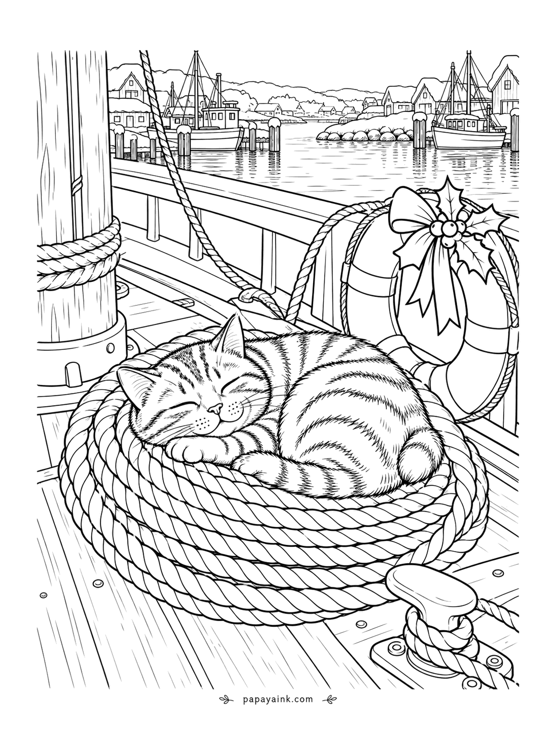 Christmas Cat Coloring Pages - Deep in a coil of mooring rope on the deck, the tabby ignores the whole harbor: fishing boats, a village across the water and a life ring with a bow. Engraving-style hatching - work in thin, even strokes.