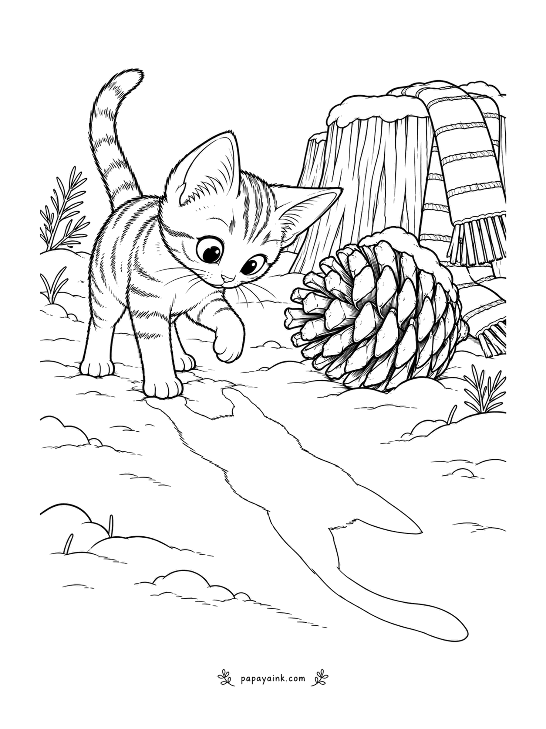 Christmas Cat Coloring Pages - The kitten has found a pine cone taller than her own head and is not sure whether to bat it or befriend it. Her shadow on the snow has already made up its mind. Blue-grey for the shadow, warm browns for the cone.