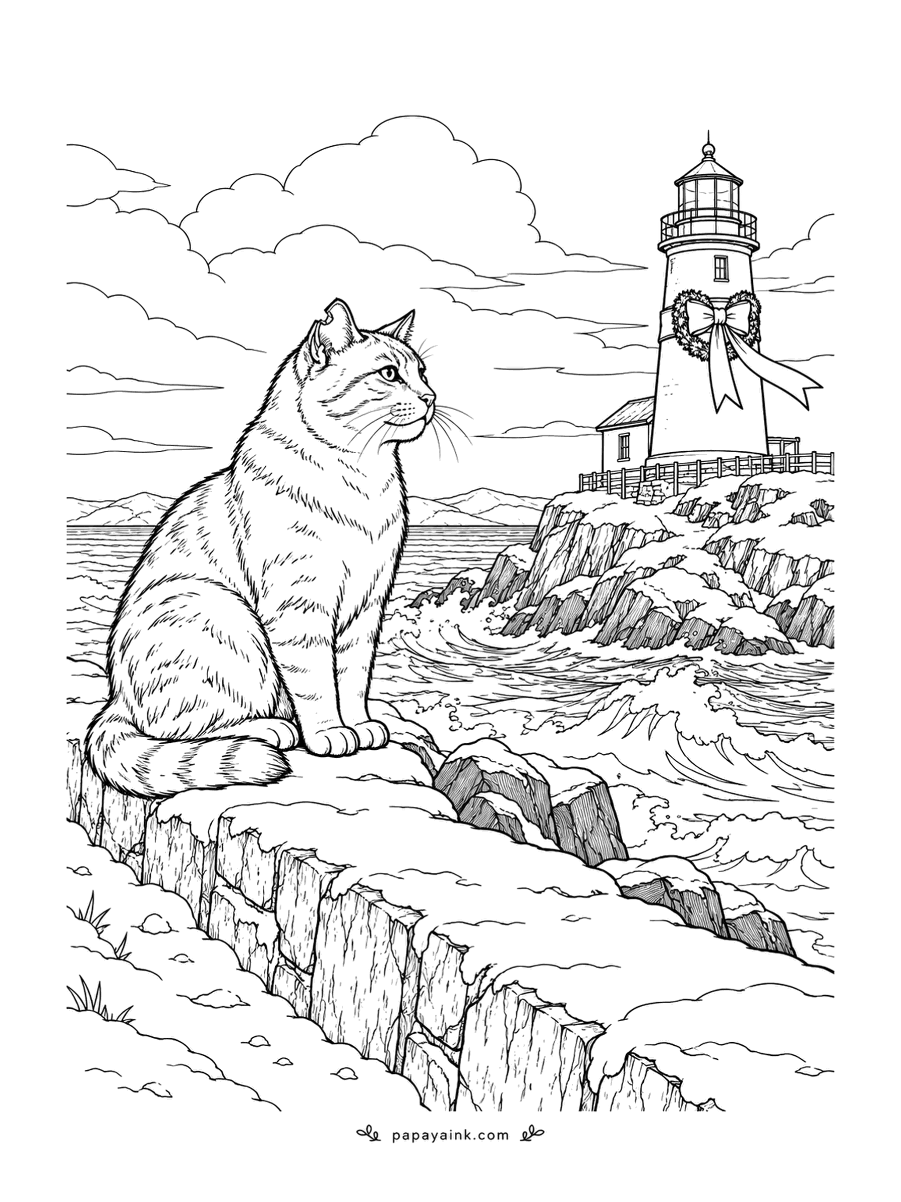 Christmas Cat Coloring Pages - Sea wall, breaking waves, and a tabby who sits through all of it to watch the lighthouse wearing a wreath. Grey sea, white foam and one red bow on the tower is all the color this page needs.
