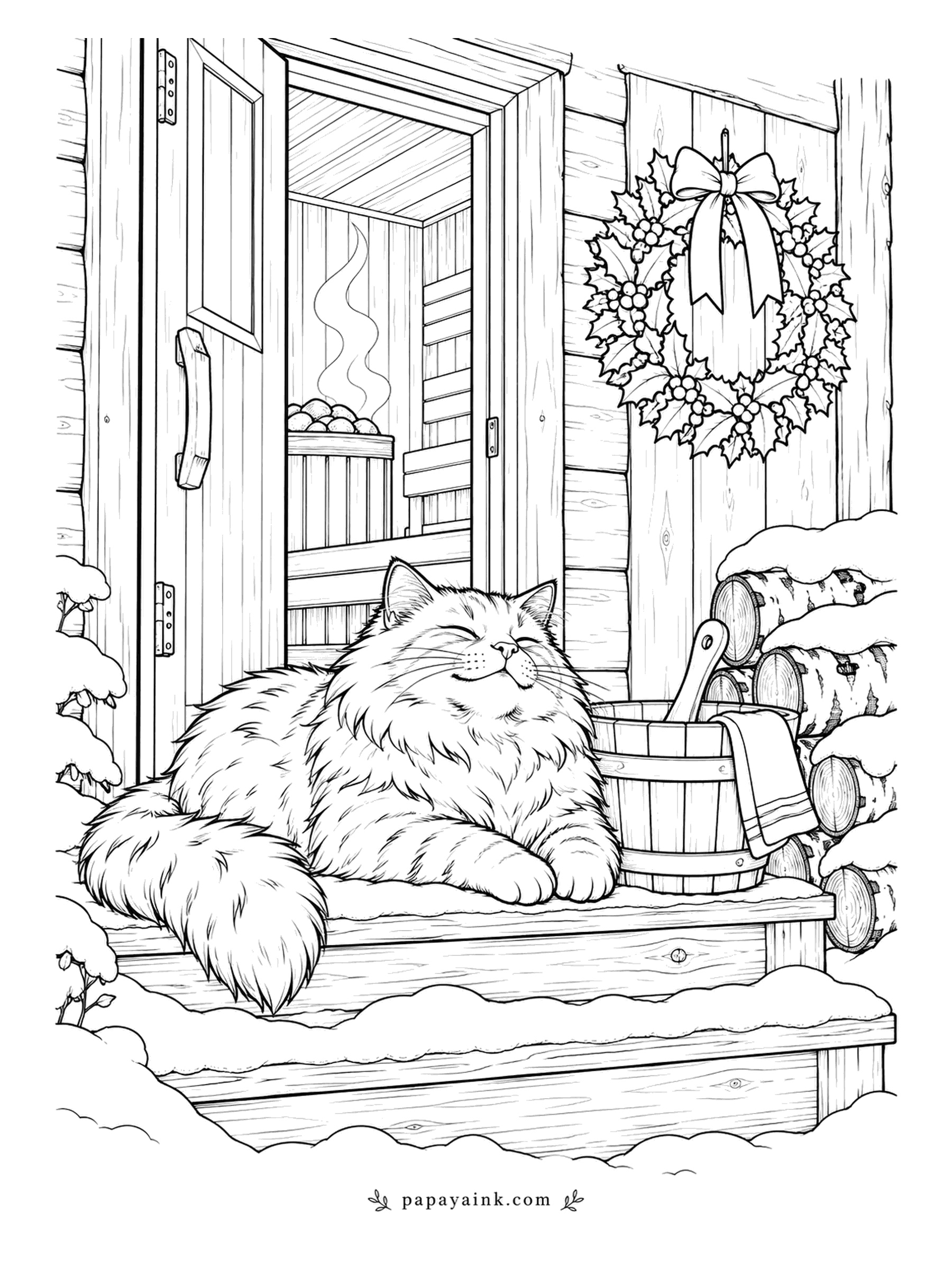 Christmas Cat Coloring Pages - Steam is rising from the stove inside, the bucket and ladle are ready, and the long-haired cat on the step has decided the step is warm enough. A wreath hangs by the door and birch logs are stacked beside it. Warm wood tones throughout.