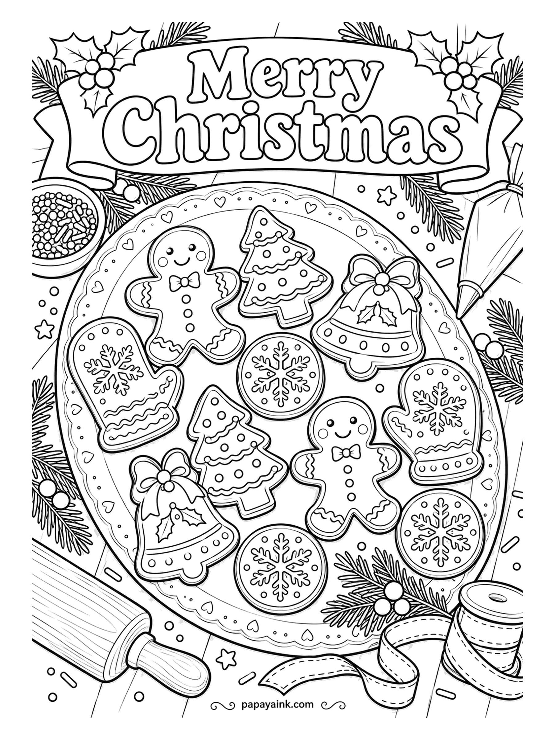 Merry Christmas Coloring Pages - Fresh from the icing bag: mittens, bells, trees, snowflake rounds and two cheerful gingerbread figures on a lace-edged platter. Detailed - color the icing lines first, then the cookie underneath in warm tan.