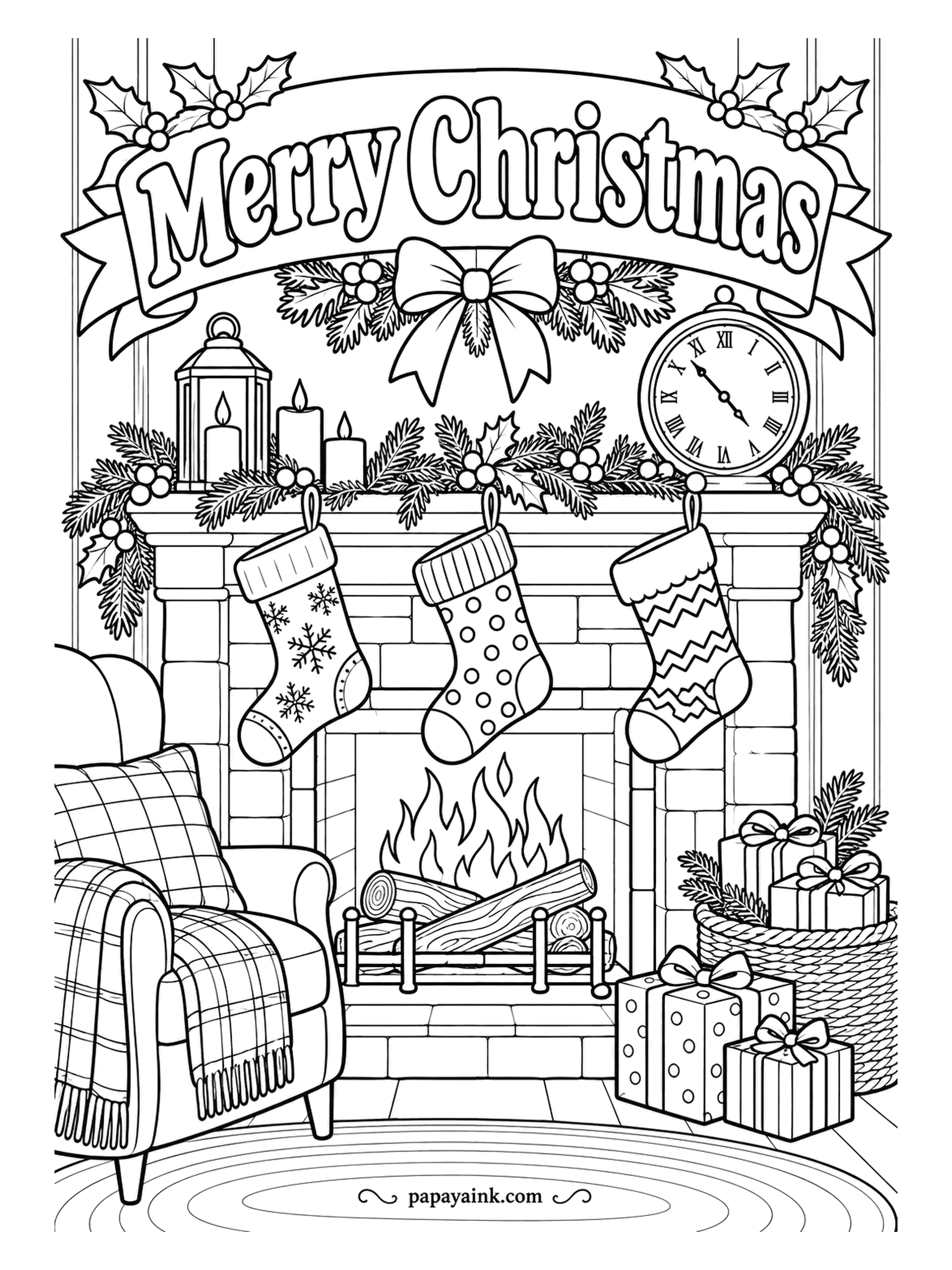 Merry Christmas Coloring Pages - The stockings are hung, the fire is lit, and the armchair has a plaid blanket that says nobody is going anywhere tonight. Detailed - the brickwork takes patience, so try two close shades of the same color.