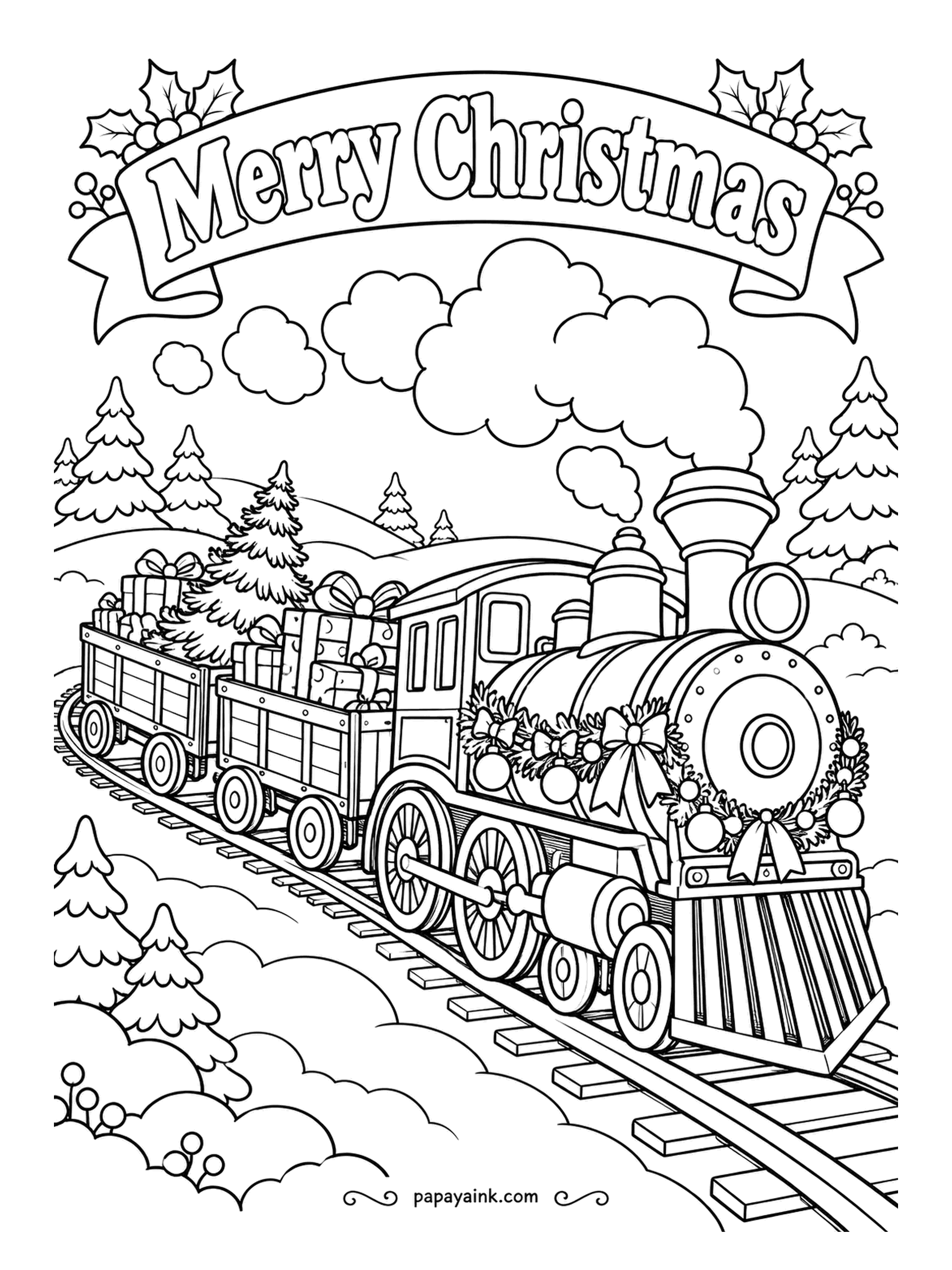 Merry Christmas Coloring Pages - Steam up, wreath on the boiler, wagons loaded with presents and one whole tree. The engine rounds a bend through snowy hills. Large wheels and panels suit markers well - an easy page to finish in one sitting.