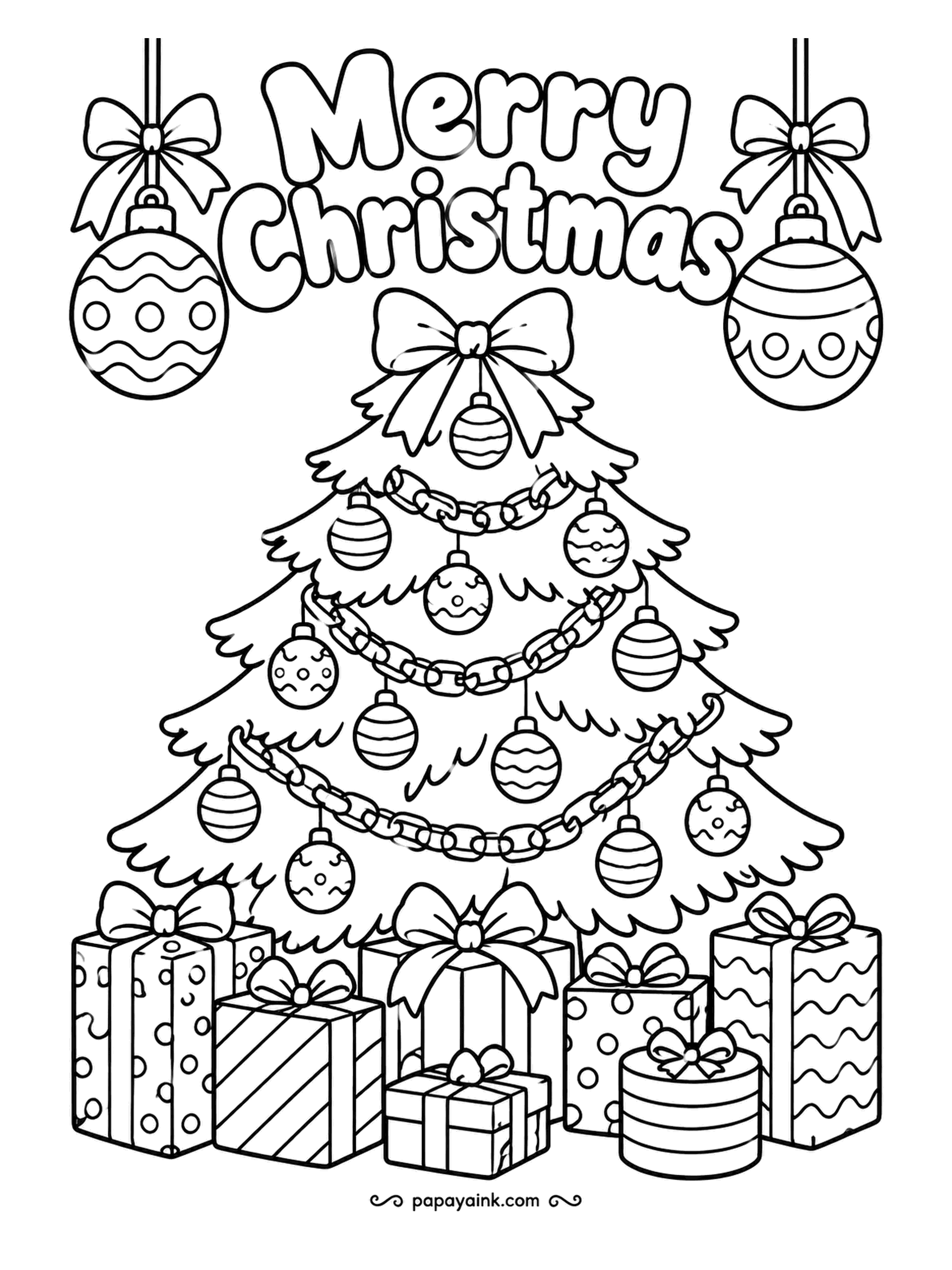 Merry Christmas Coloring Pages - Paper-chain garlands, round baubles and a pile of boxes in every wrapping pattern going. Bold outlines and roomy branches make this the gentlest tree to start on. Try a different color for each link of the chain.