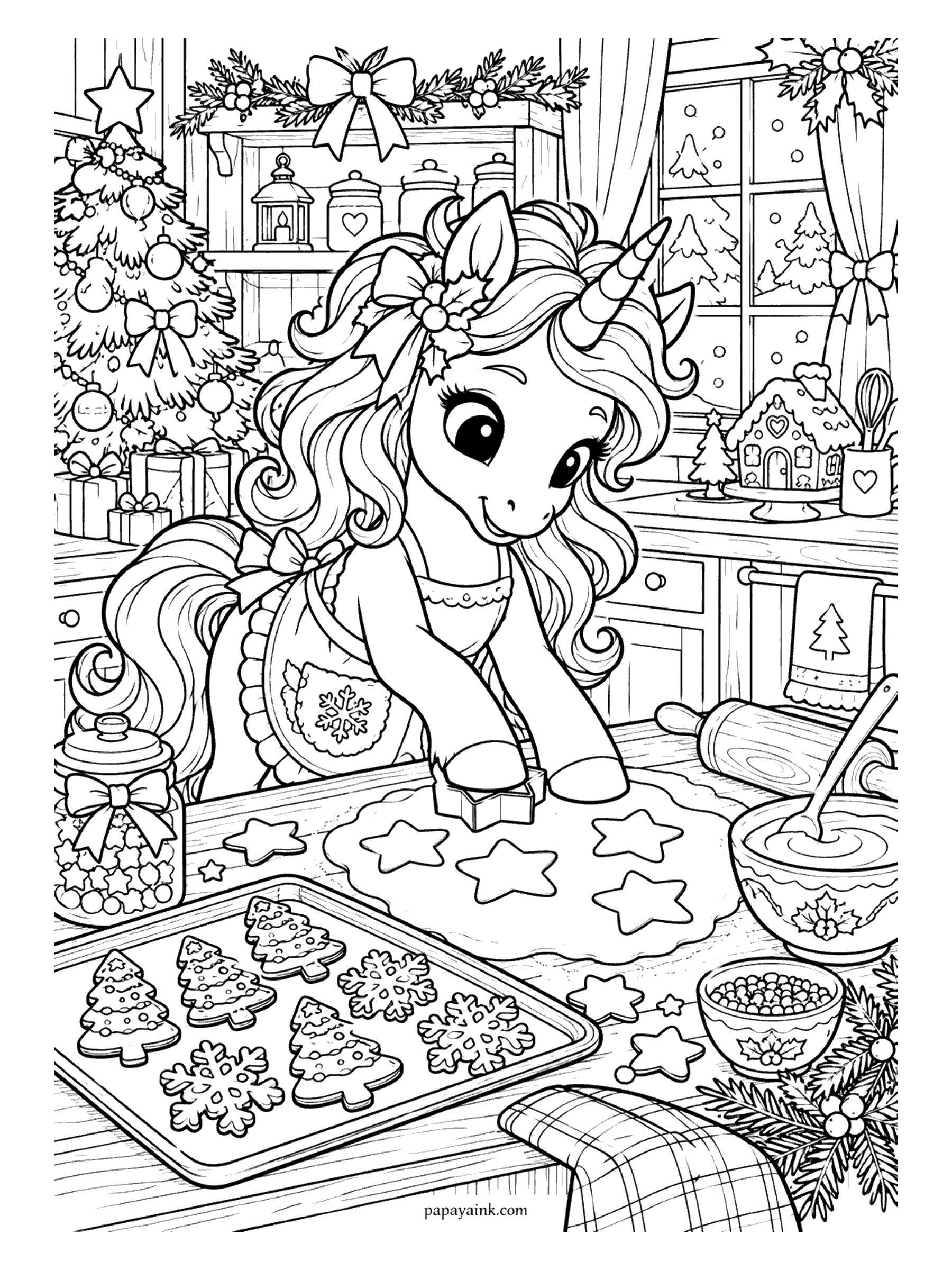 Christmas Unicorn Coloring Pages - Unicorn in a frilly apron cutting star cookies from rolled dough, with a tray of tree and snowflake cookies and a gingerbread house on the counter. Detailed.