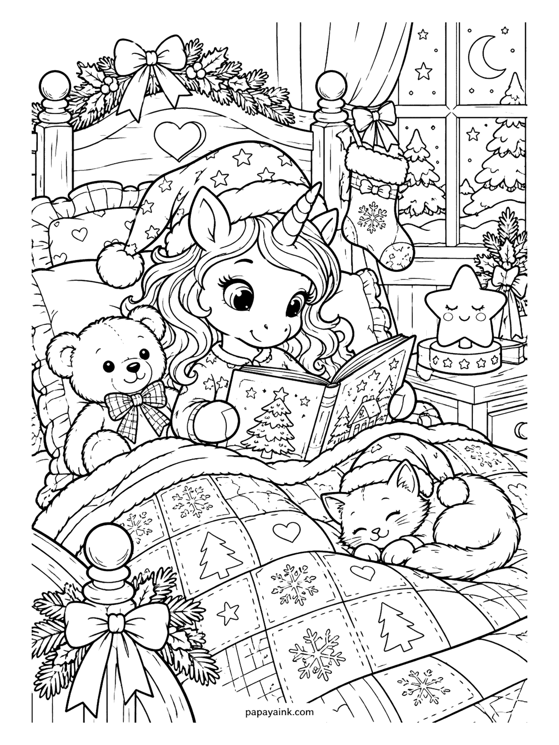 Christmas Unicorn Coloring Pages - Unicorn in a starry nightcap reading a Christmas storybook in bed with a teddy bear and a sleeping kitten under a patchwork quilt.