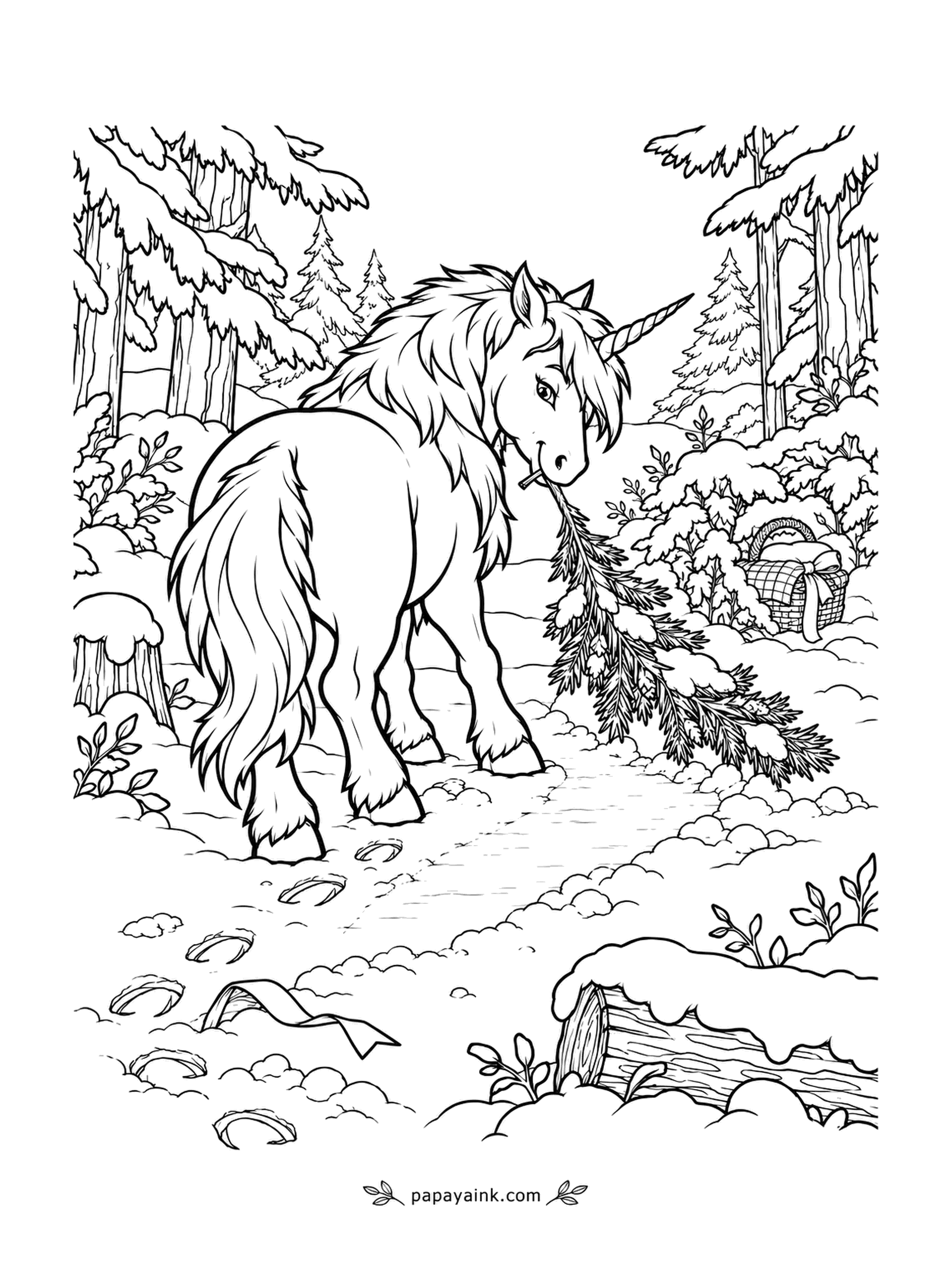 Christmas Unicorn Coloring Pages - Hoofprints would give away where the presents are hidden, so the unicorn sweeps them away with a fir branch as she goes. A picnic basket waits in the bushes, and a dropped ribbon may still betray her.