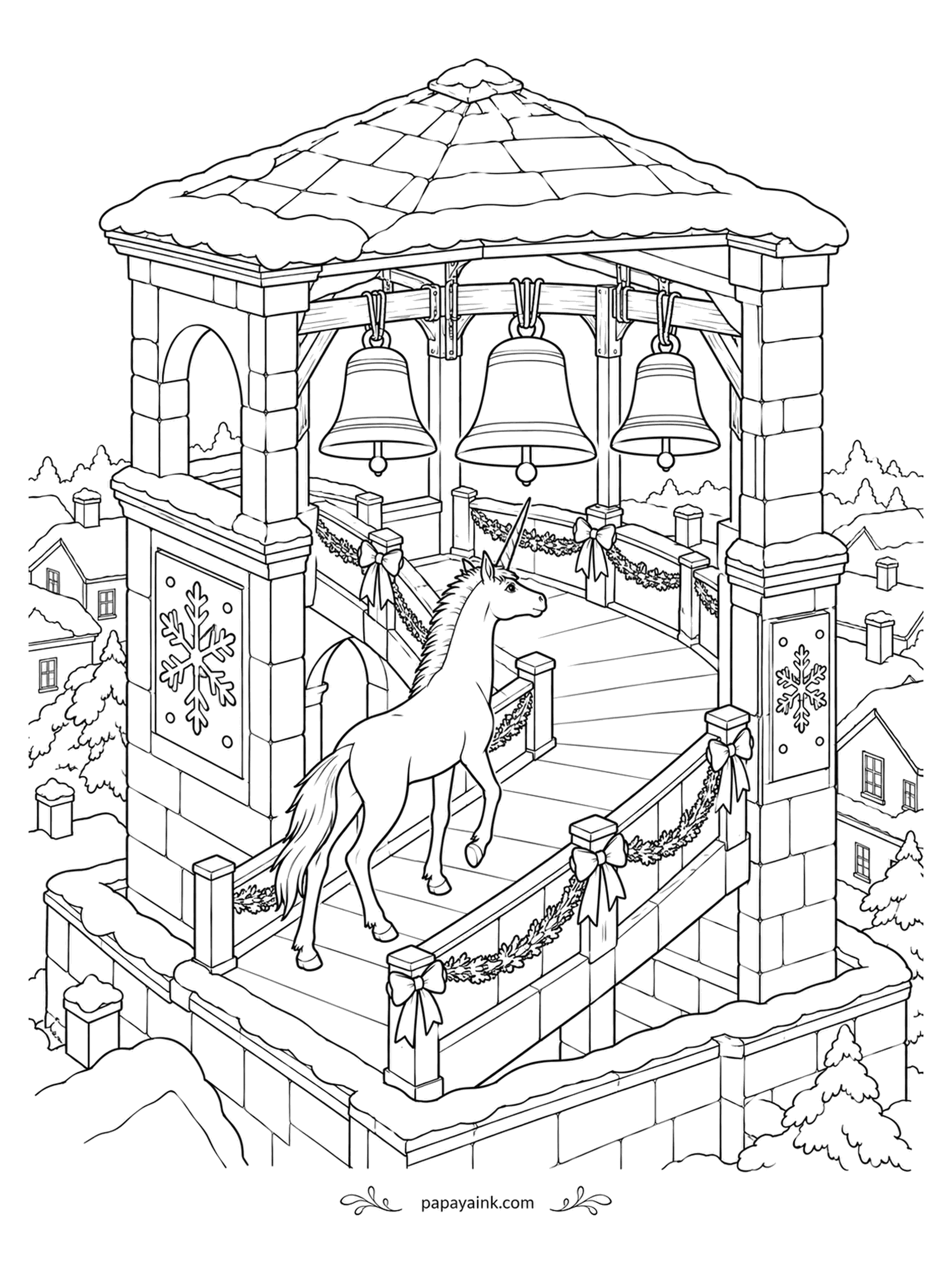 Christmas Unicorn Coloring Pages - Up the stone stairs of the town bell tower, past garlands on every rail, the unicorn climbs to see the three great bells up close. Snowy rooftops spread out below. Detailed - stonework, beams and a whole village.
