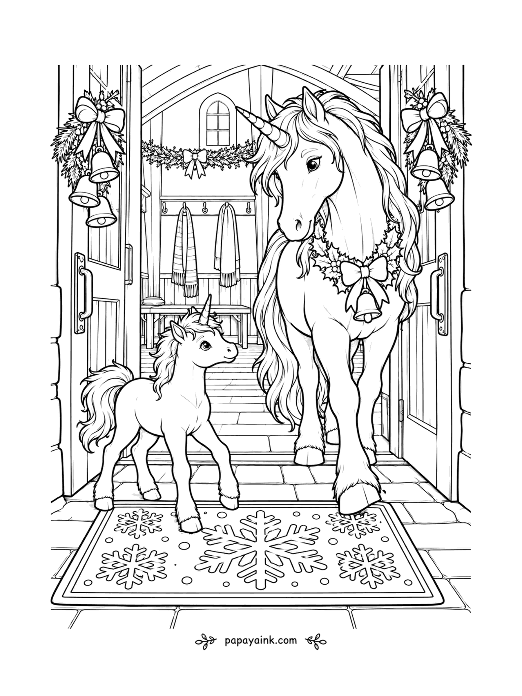 Christmas Unicorn Coloring Pages - Mother and foal step onto the snowflake doormat at the village hall, and the little one is stamping the snow off with great seriousness. Bells hang on either side of the entrance. Try icy blue on the mat and warm gold by the doors.
