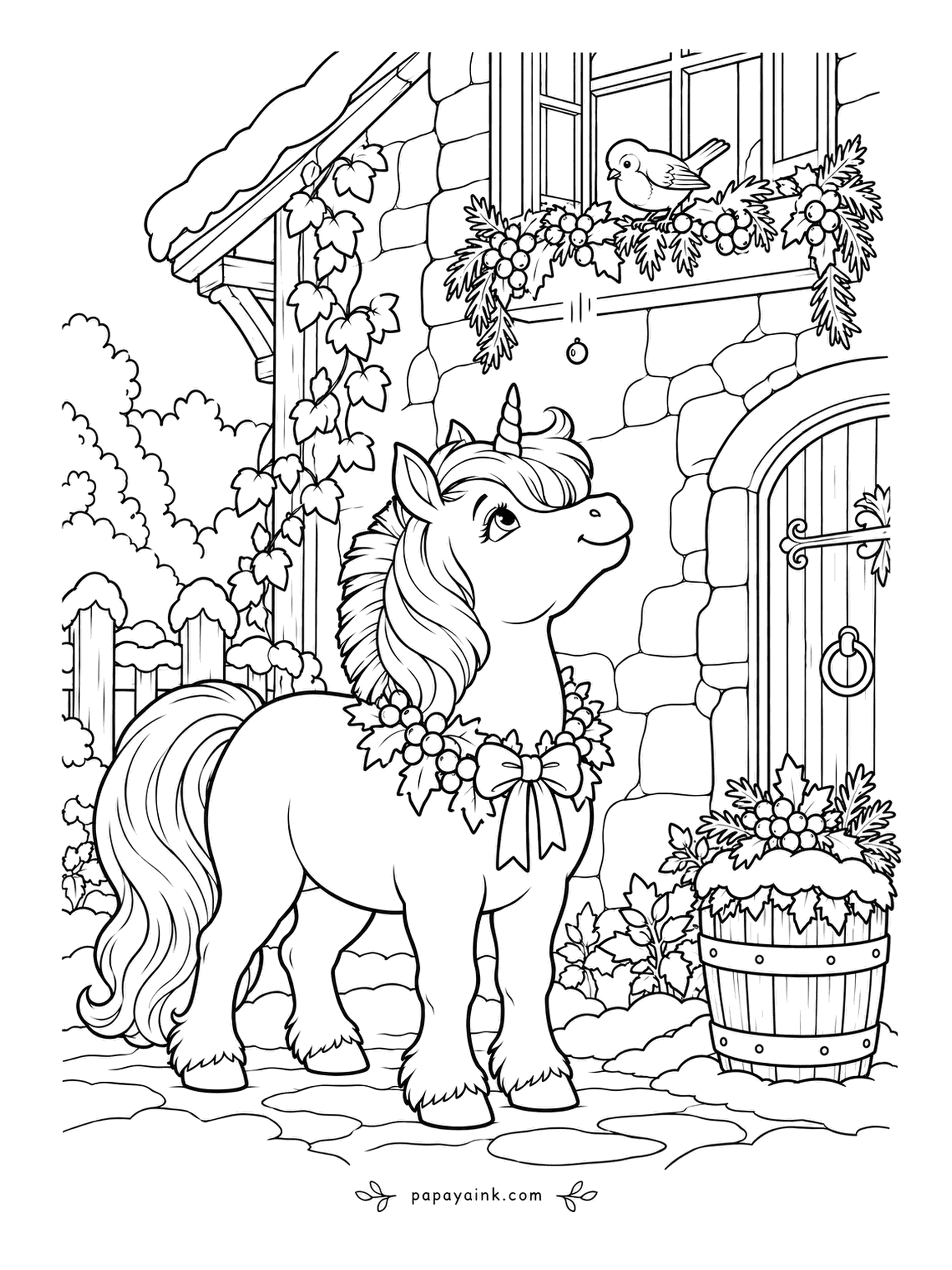 Christmas Unicorn Coloring Pages - A robin has landed on the berry garland under the cottage window, and the pony-sized unicorn in the leafy collar has stopped to say hello. Ivy climbs the wall beside the door. Brick red berries, sage green leaves.