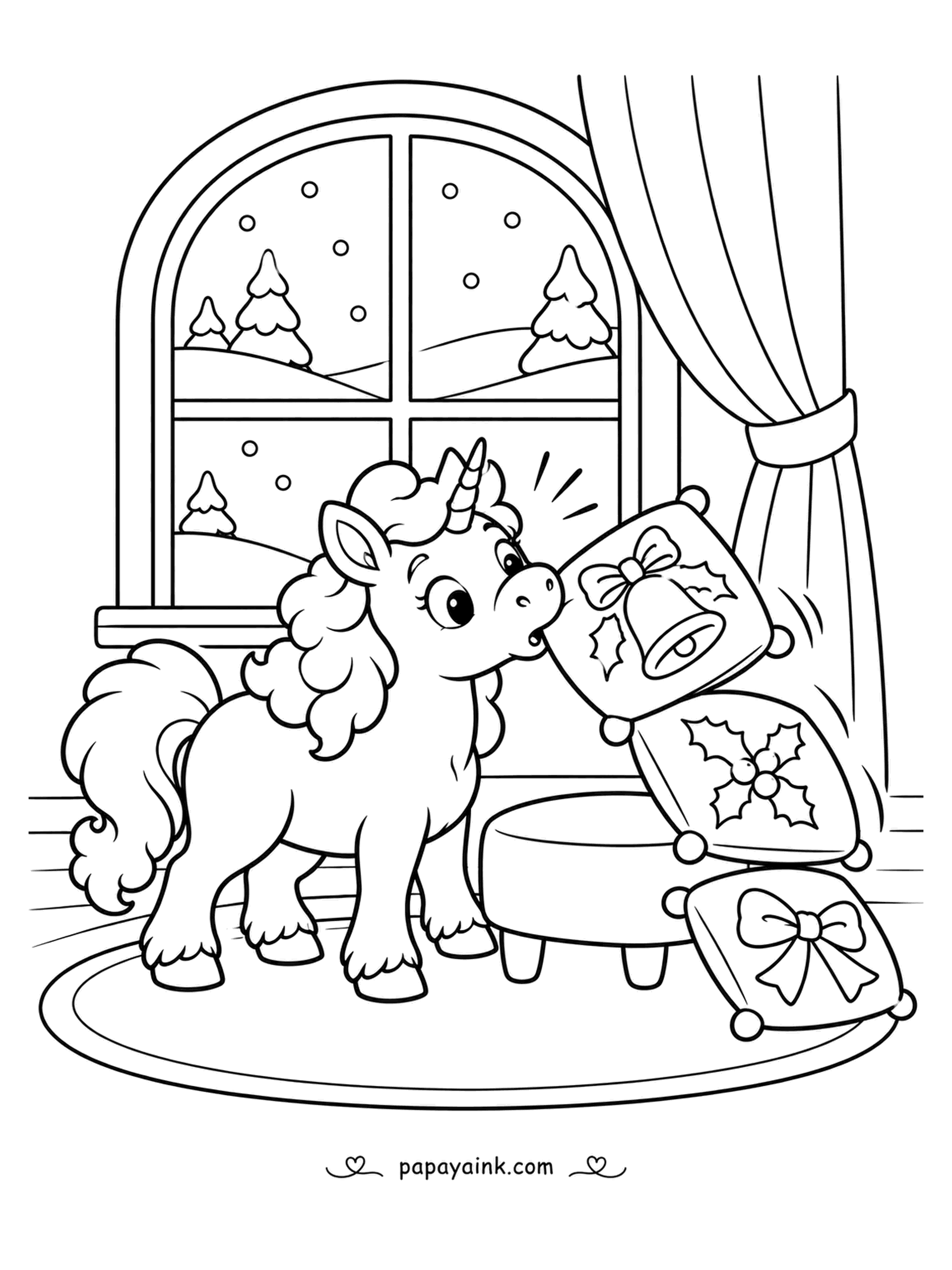 Christmas Unicorn Coloring Pages - Three cushions stacked on an ottoman was always optimistic. The chubby foal has bumped the pile, and the top one is going over with its bell print showing. Big shapes and thick lines - a quick, easy page.