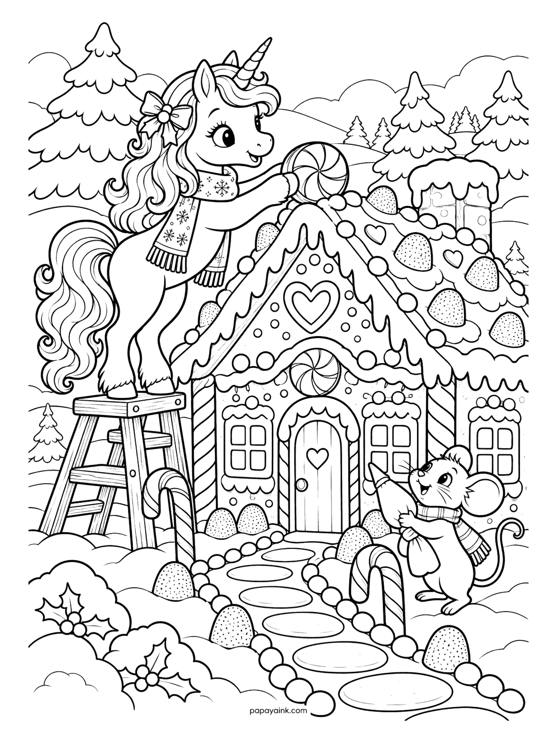 Christmas Unicorn Coloring Pages - Unicorn on a ladder placing a peppermint candy on a gingerbread house while a mouse pipes icing below. Easy, open shapes.