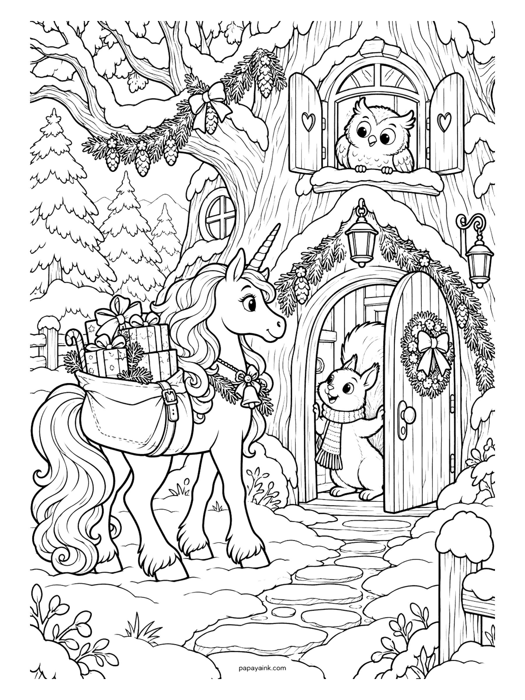 Christmas Unicorn Coloring Pages - Unicorn with a saddlebag full of presents arriving at a snowy tree house, greeted by a squirrel at the door and an owl in the window. Detailed.