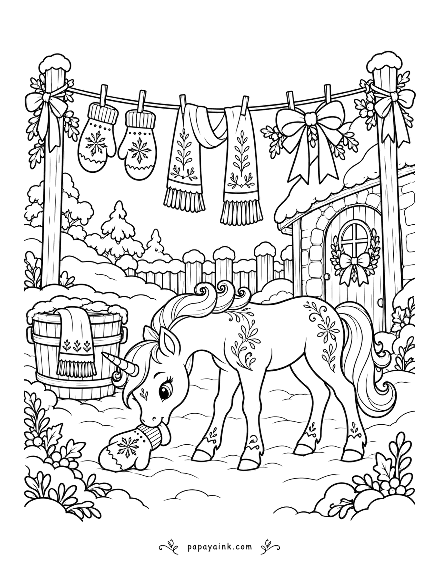 Christmas Unicorn Coloring Pages - One mitten fell off the washing line, and the unicorn with folk patterns painted down her flank is fetching it from the snow. The scarves above are still hanging on. A good page for bright Scandinavian reds and greens.