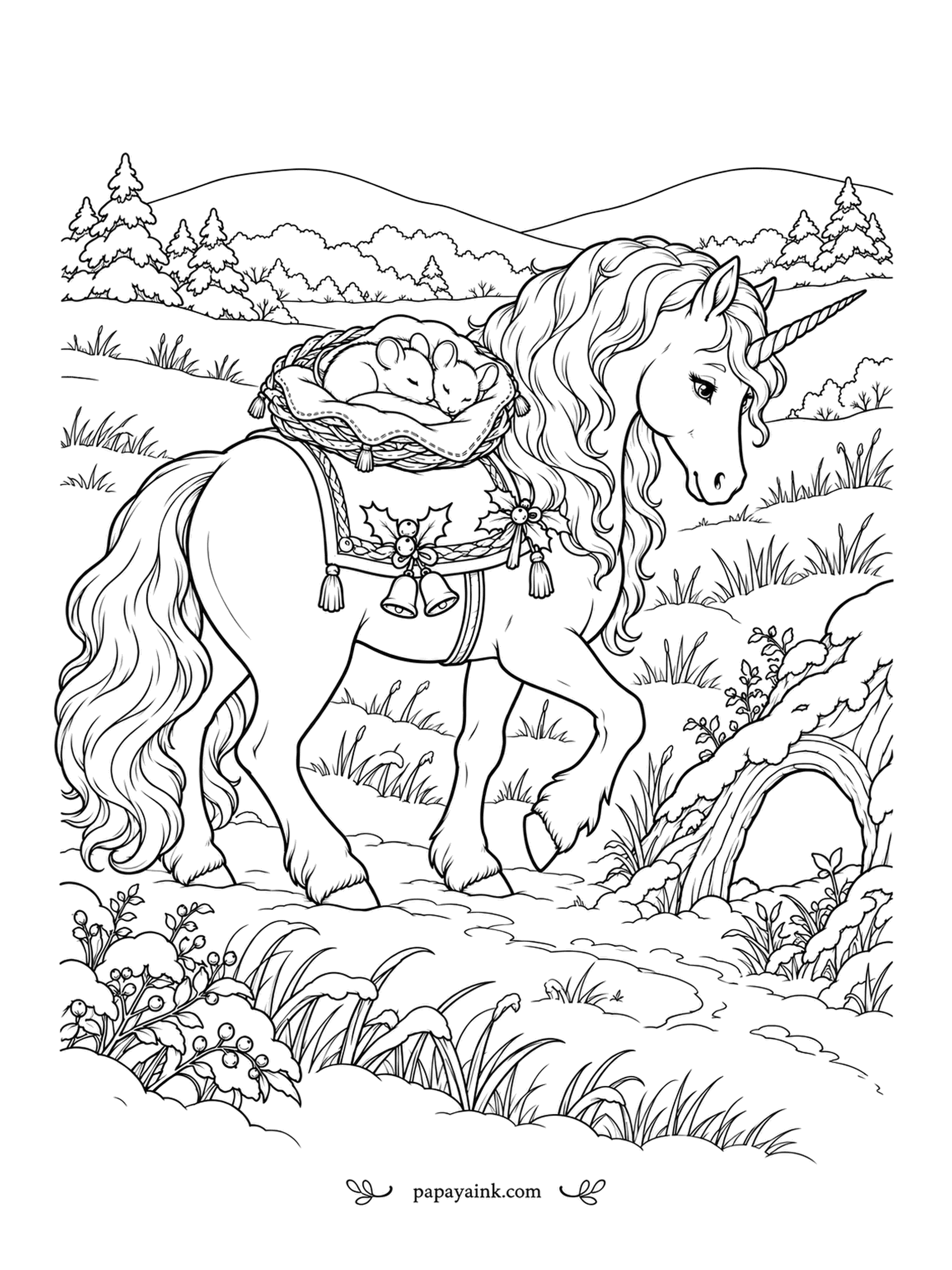 Christmas Unicorn Coloring Pages - The mice needed a lift across the meadow, so they climbed into the basket nest on the unicorn's back and fell asleep before the ride began. She is stepping carefully. A tasseled saddle cloth to decorate.