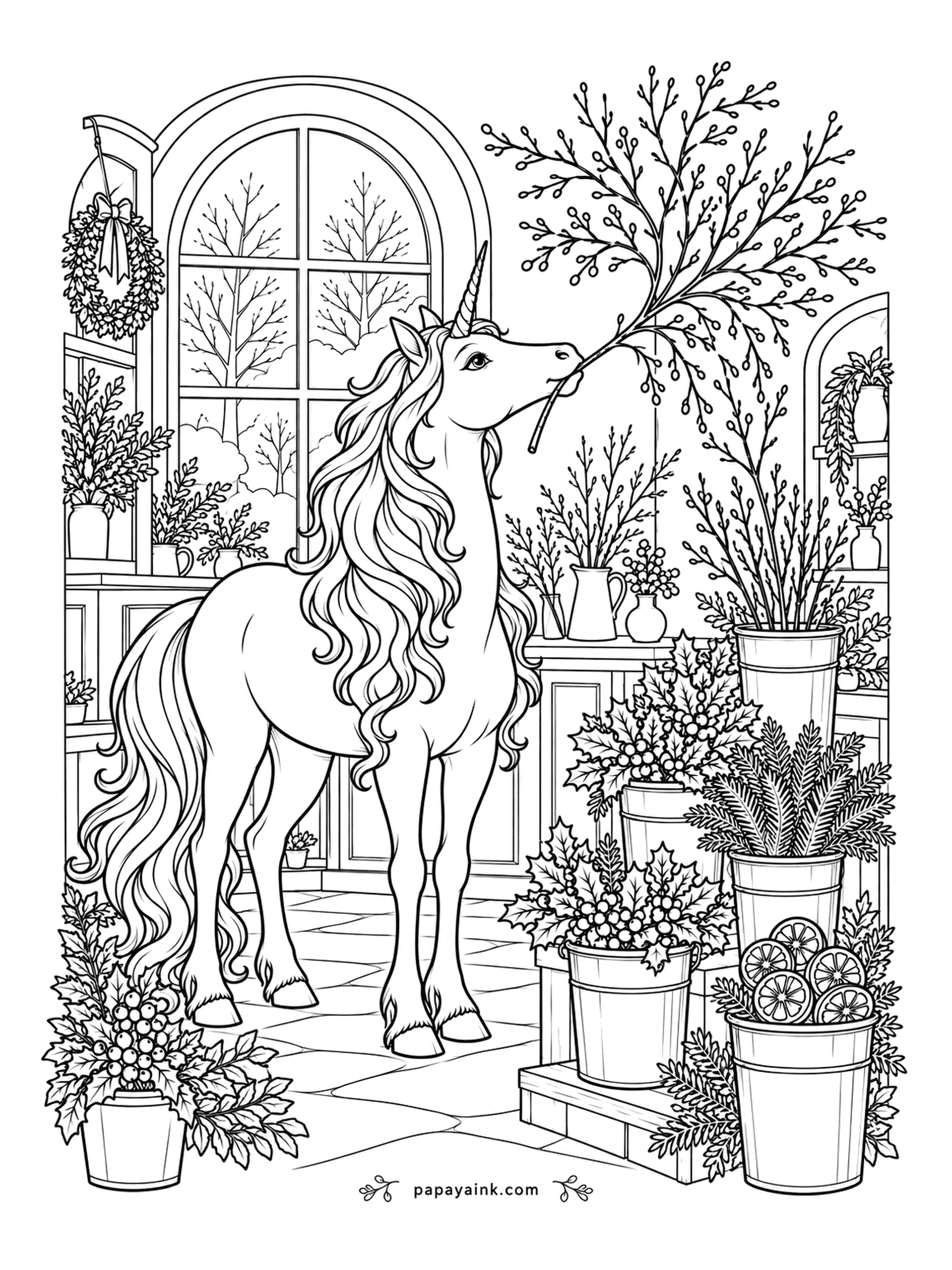 Christmas Unicorn Coloring Pages - Choosing the berry branch for the front window falls to the tallest staff member. Buckets of greenery, fir tips and dried orange crowd the florist's floor around her. Detailed - every leaf and berry is its own small shape.