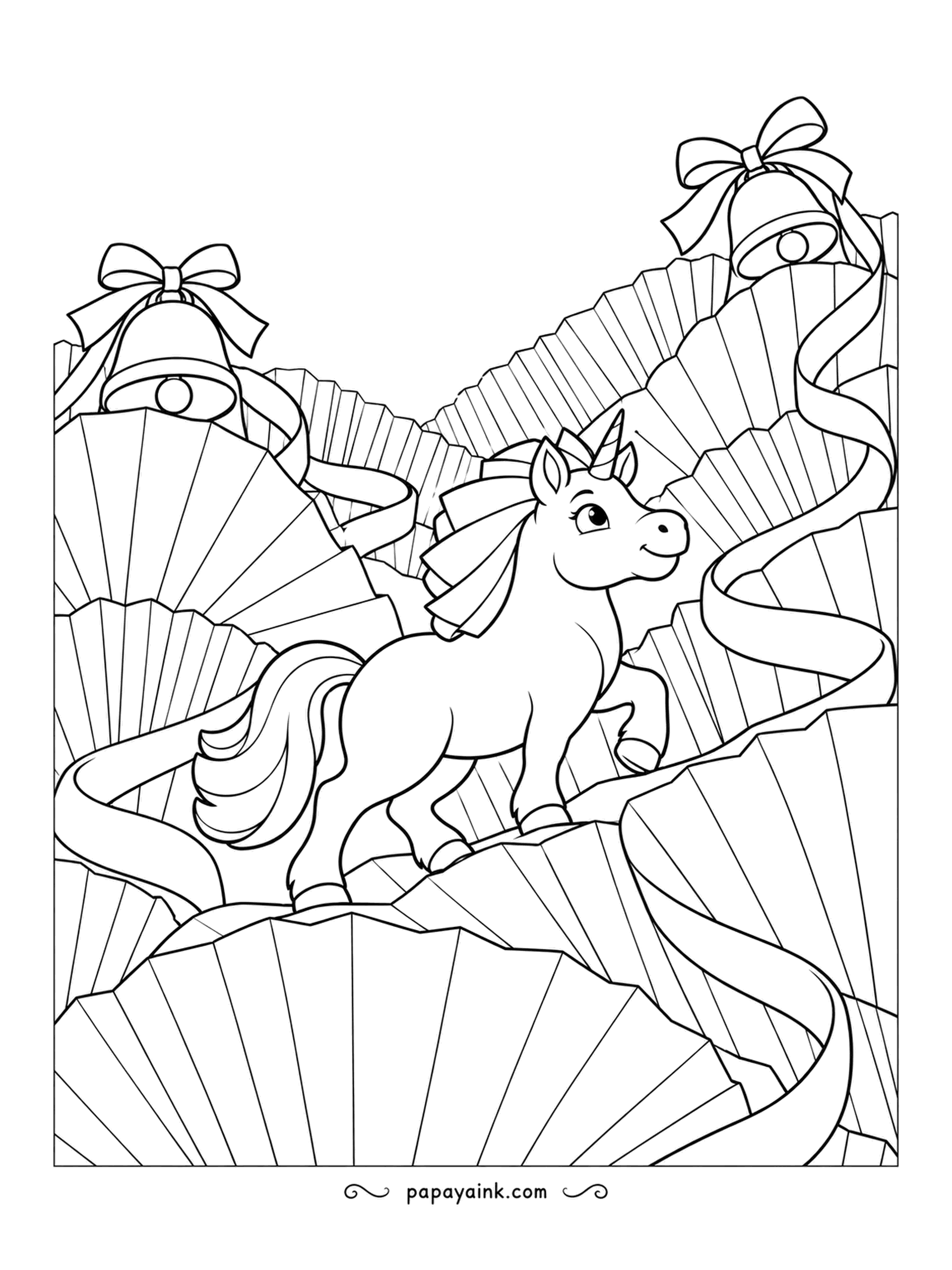 Christmas Unicorn Coloring Pages - Mountains folded from paper fans, a ribbon road winding over them, and bow-tied chimes hanging from the sky. The little unicorn trots the route as if it were perfectly normal. Each pleat can take its own shade.