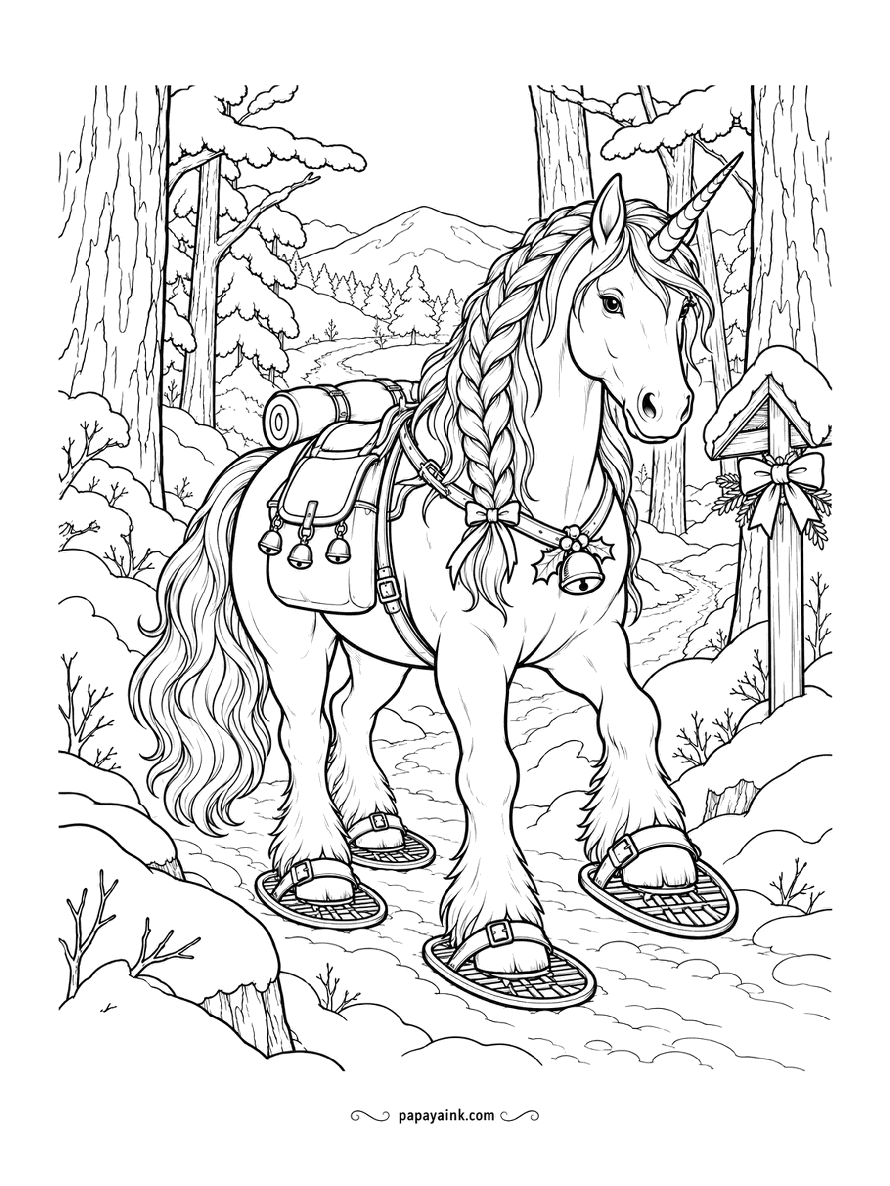 Christmas Unicorn Coloring Pages - Four hooves means four snowshoes, all strapped on, and the braided unicorn with the saddlebags is ready for the forest trail. Bells on the pack jingle with every step. Long feathered fetlocks are the fun part to shade.